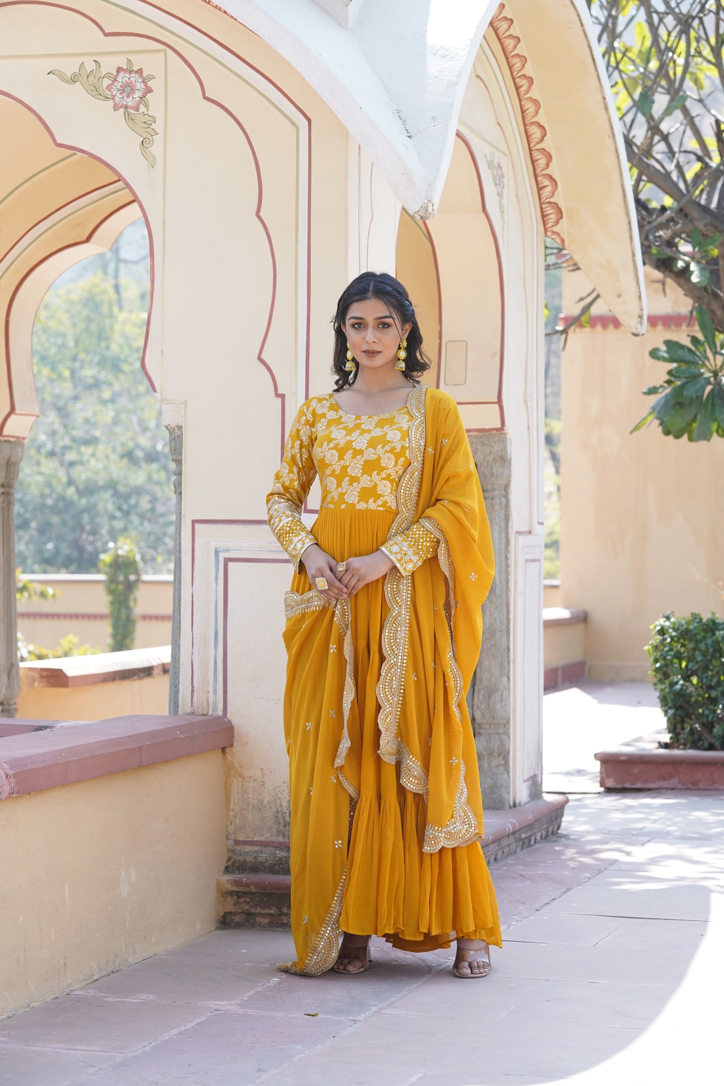 Flared Ethnic Gown with Bandhani Organza Dupatta – Sequins Embroidery & 12-Meter Flair