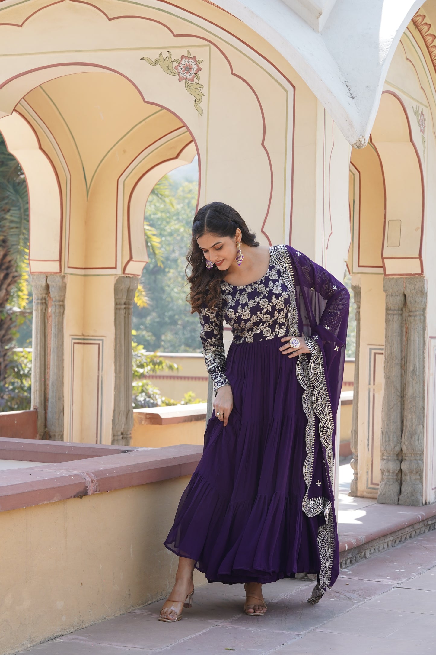 Flared Ethnic Gown with Bandhani Organza Dupatta – Sequins Embroidery & 12-Meter Flair