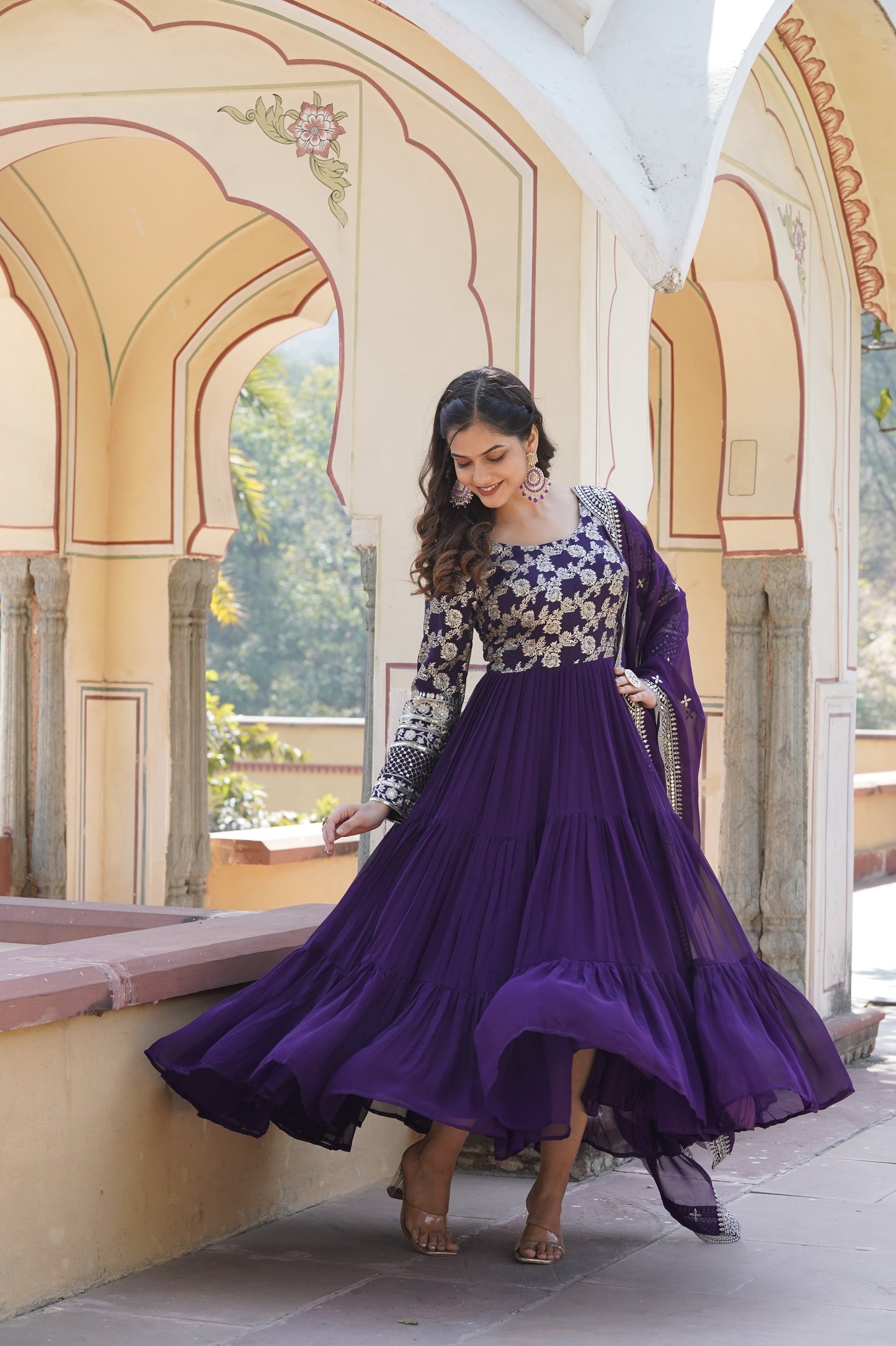 Flared Ethnic Gown with Bandhani Organza Dupatta – Sequins Embroidery & 12-Meter Flair