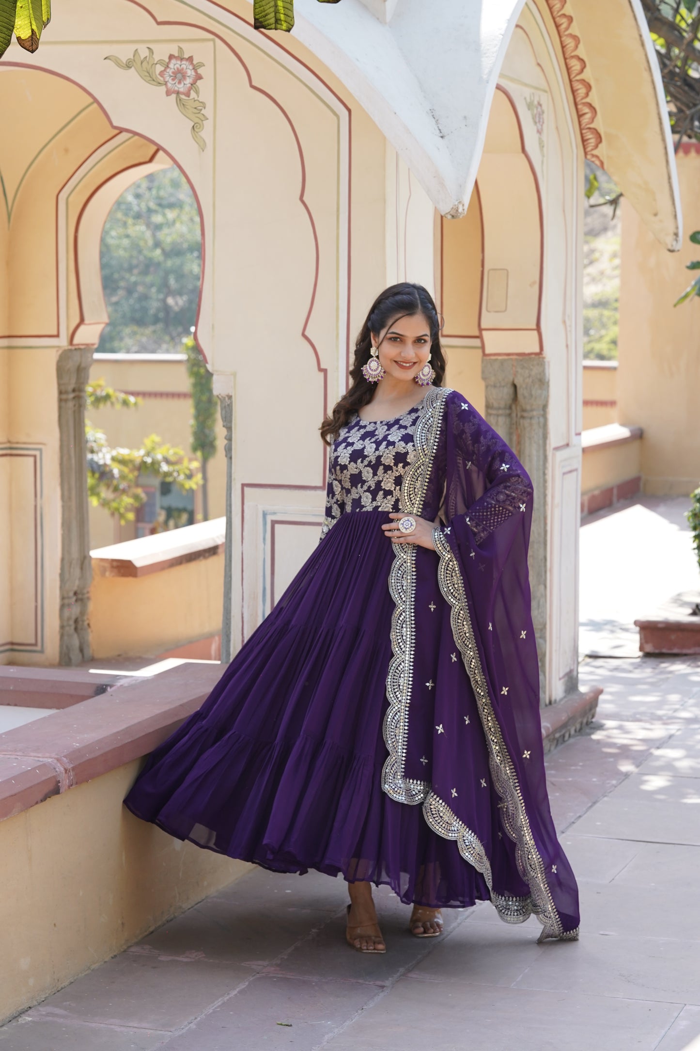 Flared Ethnic Gown with Bandhani Organza Dupatta – Sequins Embroidery & 12-Meter Flair