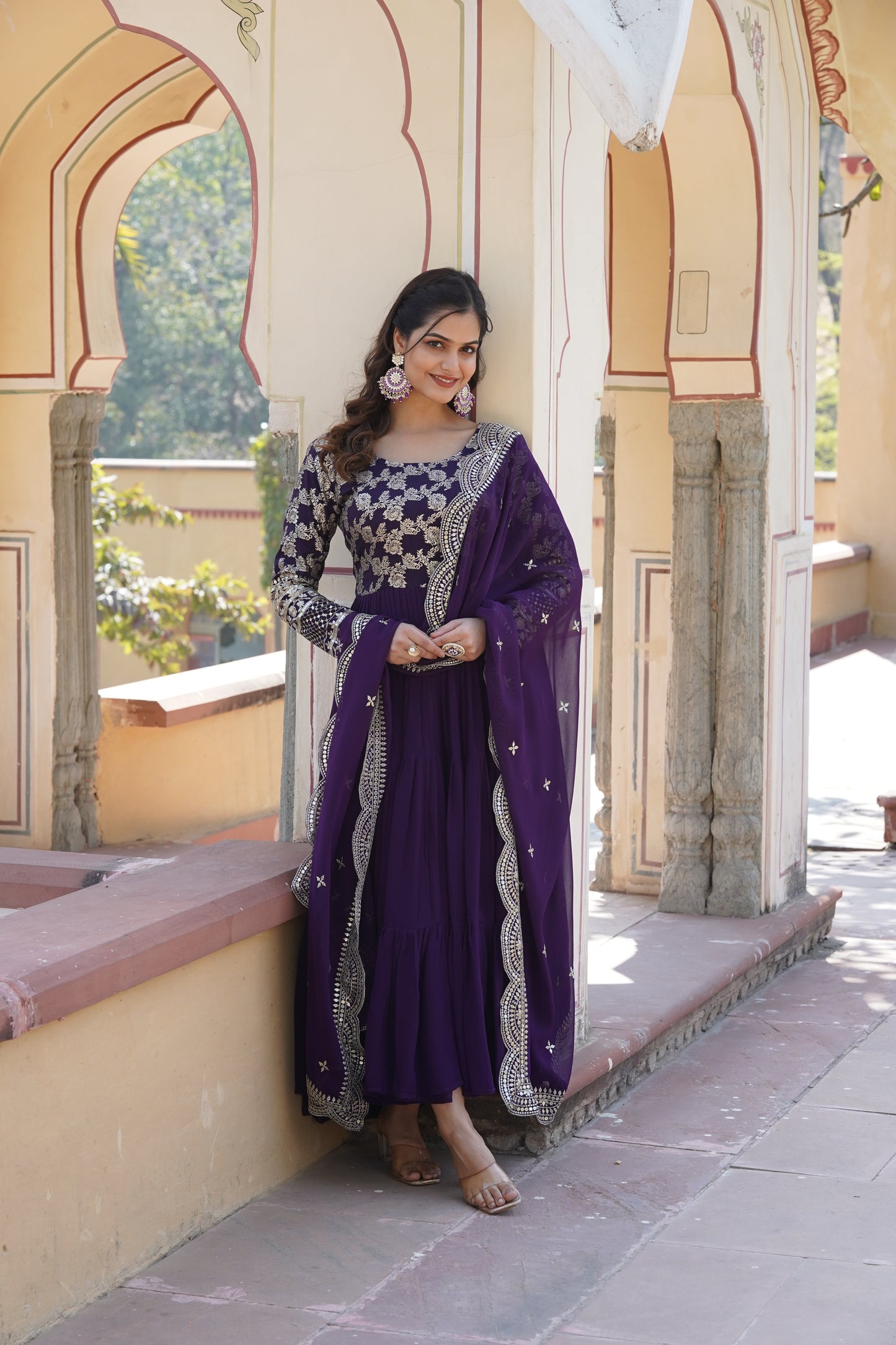 Flared Ethnic Gown with Bandhani Organza Dupatta – Sequins Embroidery & 12-Meter Flair