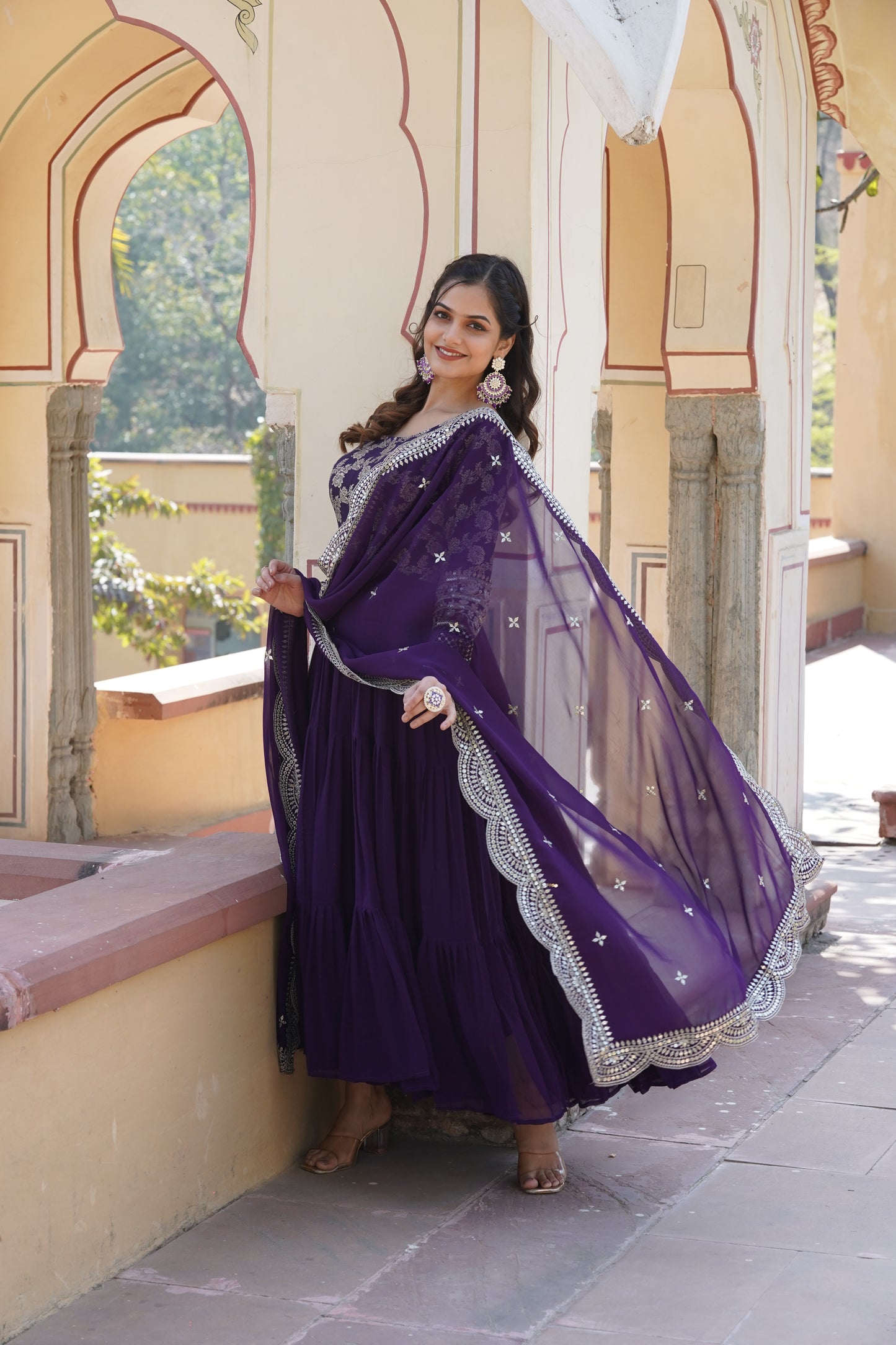 Flared Ethnic Gown with Bandhani Organza Dupatta – Sequins Embroidery & 12-Meter Flair