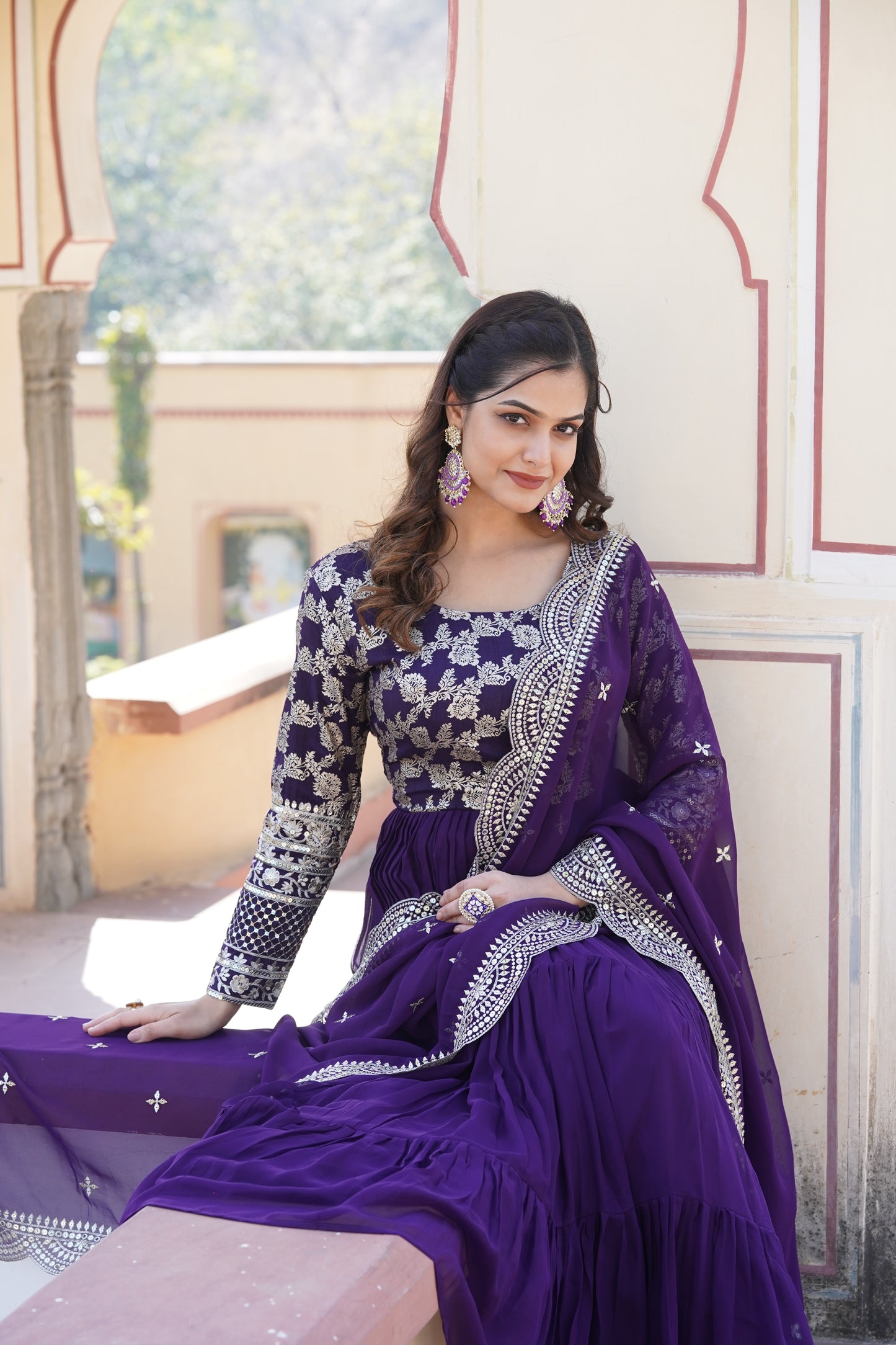 Flared Ethnic Gown with Bandhani Organza Dupatta – Sequins Embroidery & 12-Meter Flair