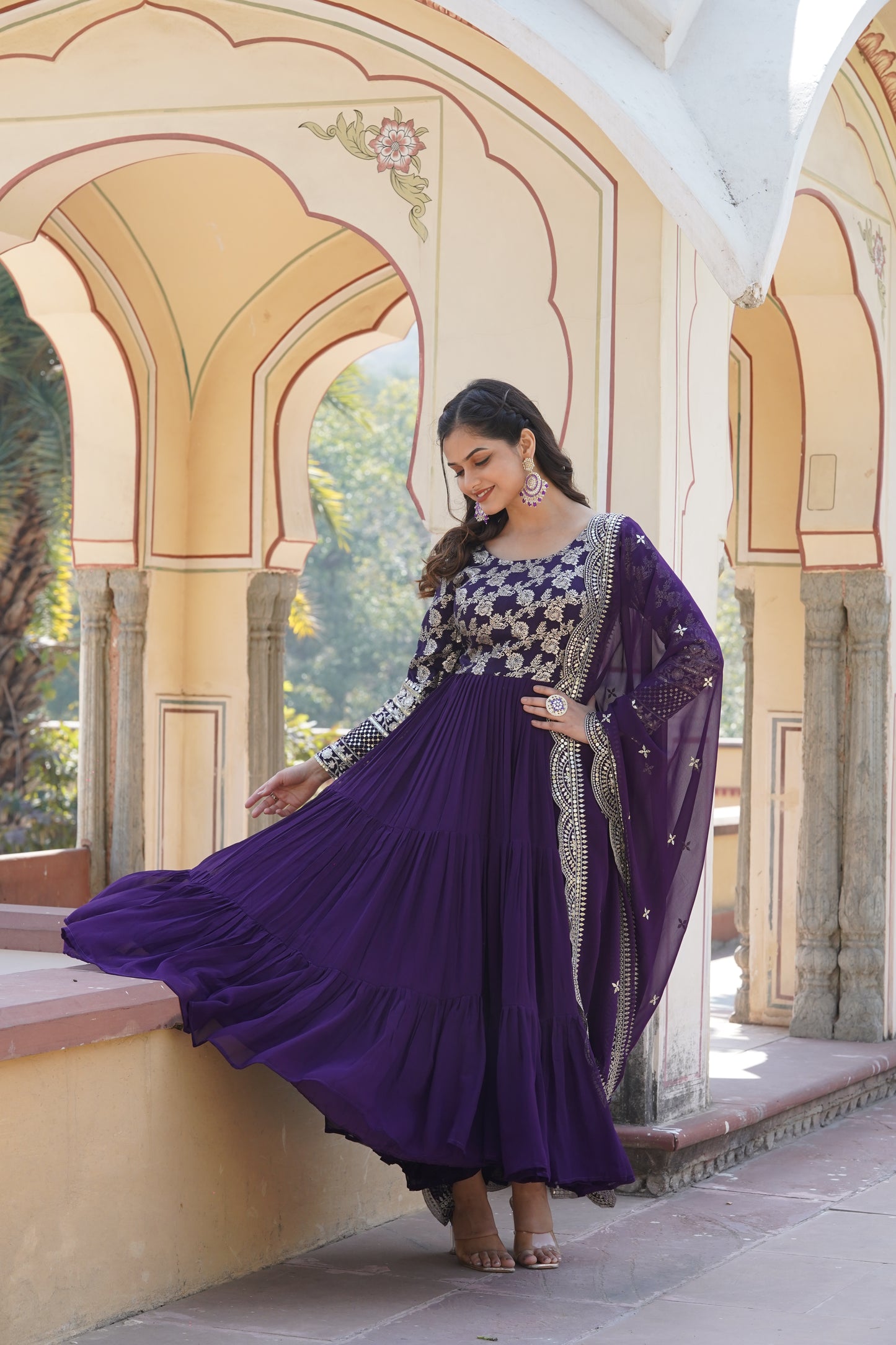 Flared Ethnic Gown with Bandhani Organza Dupatta – Sequins Embroidery & 12-Meter Flair