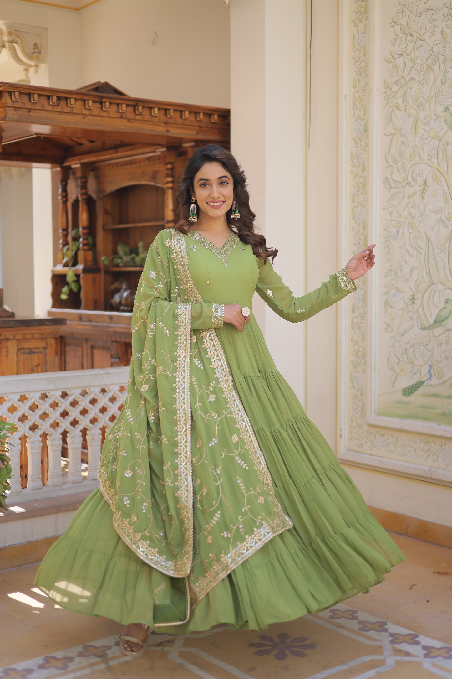 Elegant Faux Georgette Gown with 12-Meter Flair & Embroidered Dupatta – Designer V-Neck & Frill Stitching