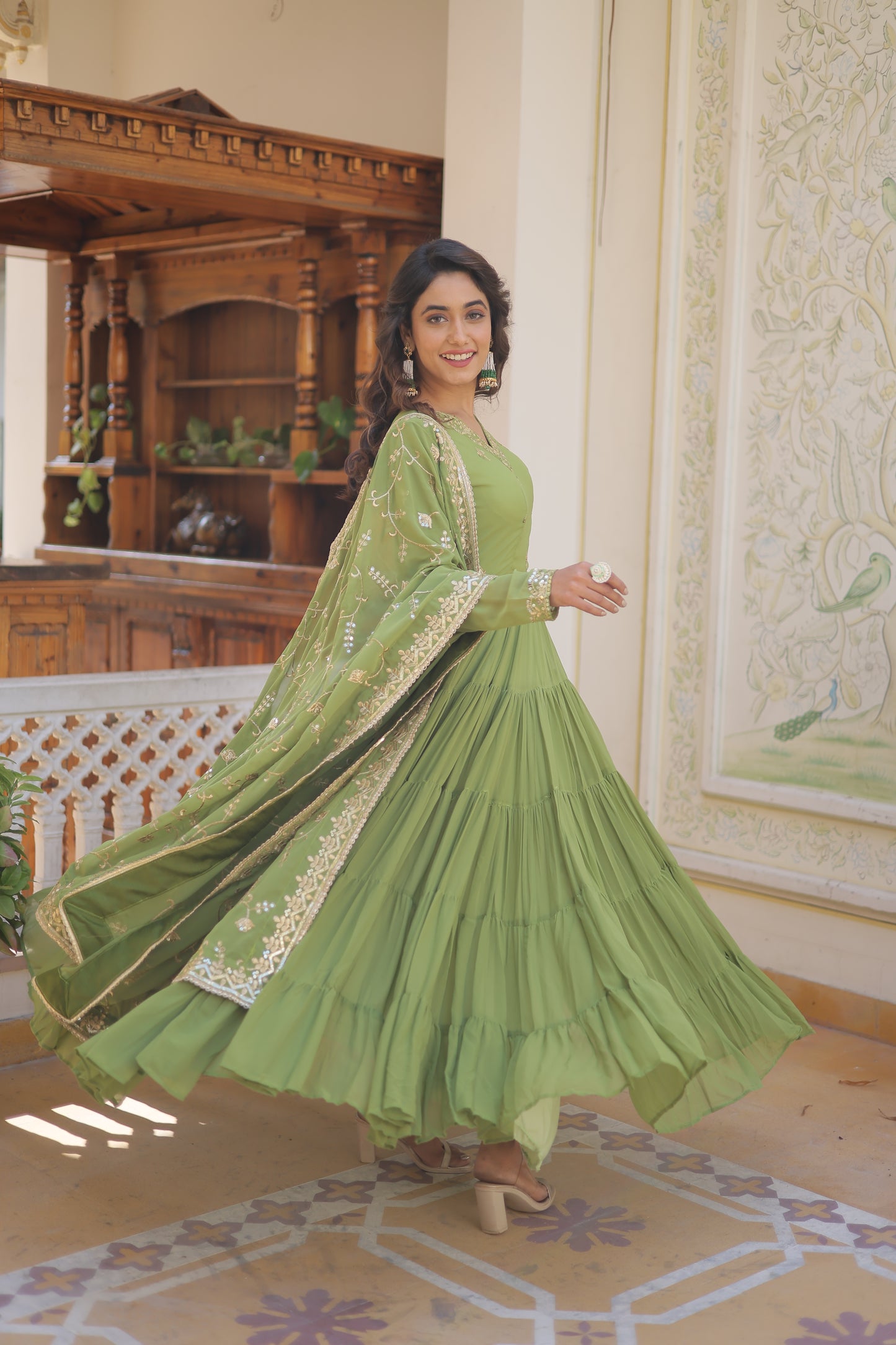 Elegant Faux Georgette Gown with 12-Meter Flair & Embroidered Dupatta – Designer V-Neck & Frill Stitching