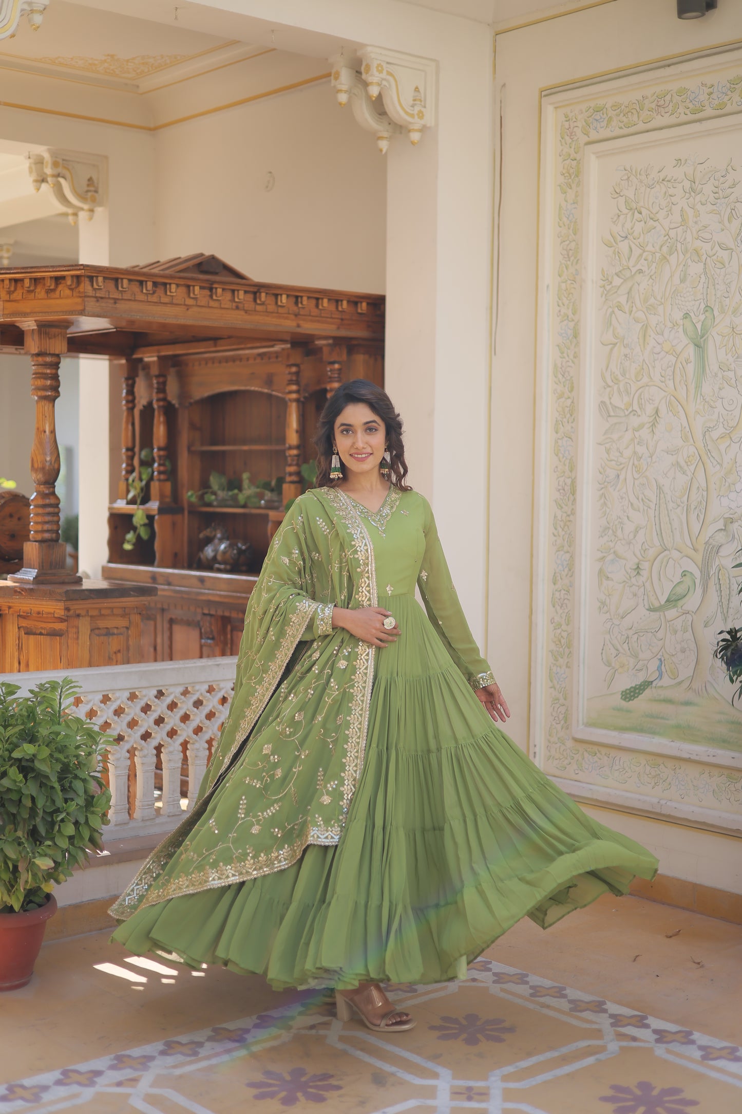 Elegant Faux Georgette Gown with 12-Meter Flair & Embroidered Dupatta – Designer V-Neck & Frill Stitching