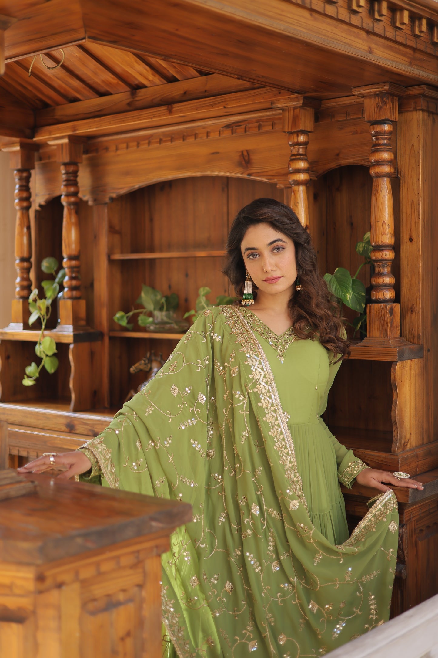 Elegant Faux Georgette Gown with 12-Meter Flair & Embroidered Dupatta – Designer V-Neck & Frill Stitching