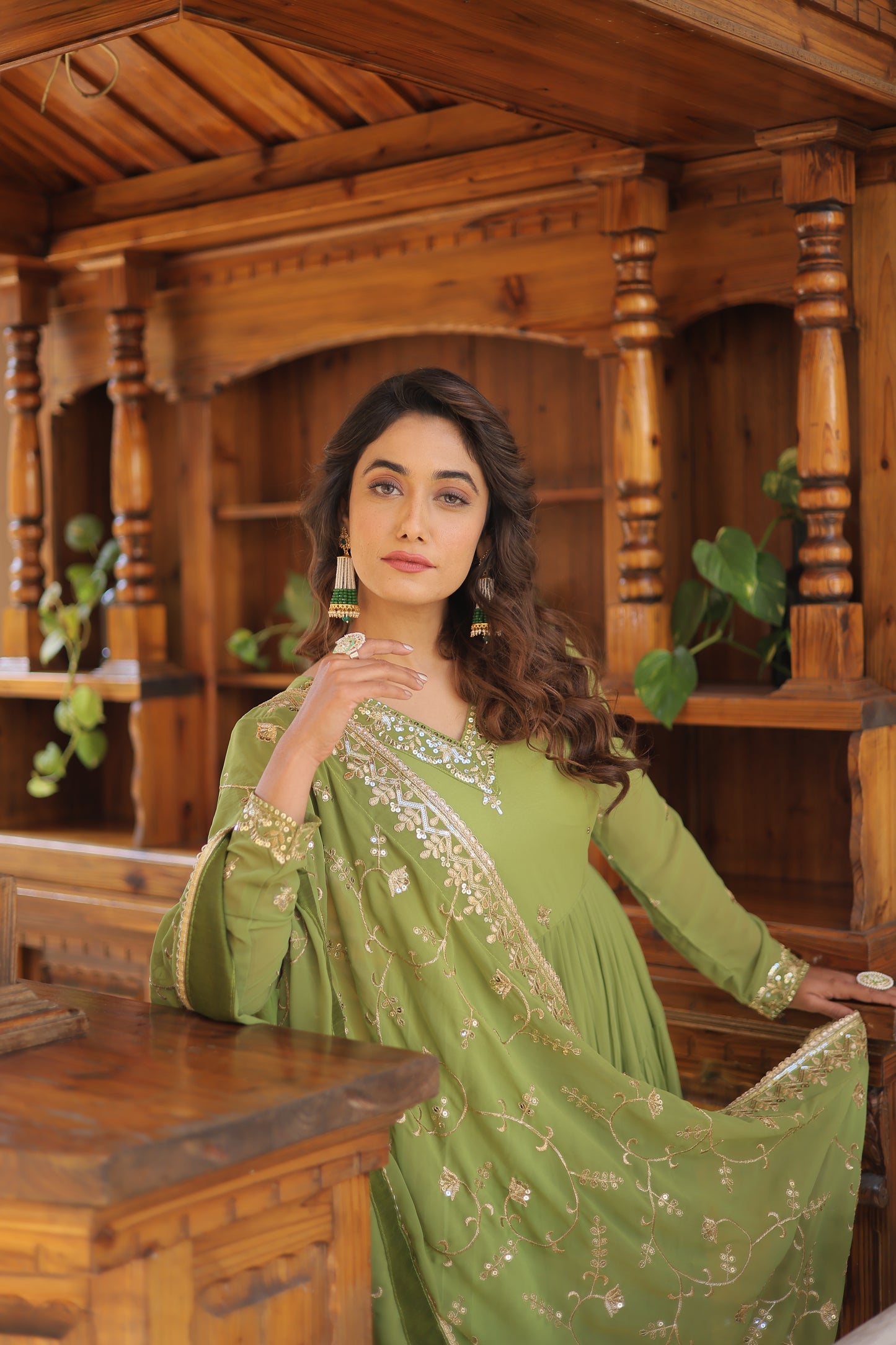 Elegant Faux Georgette Gown with 12-Meter Flair & Embroidered Dupatta – Designer V-Neck & Frill Stitching