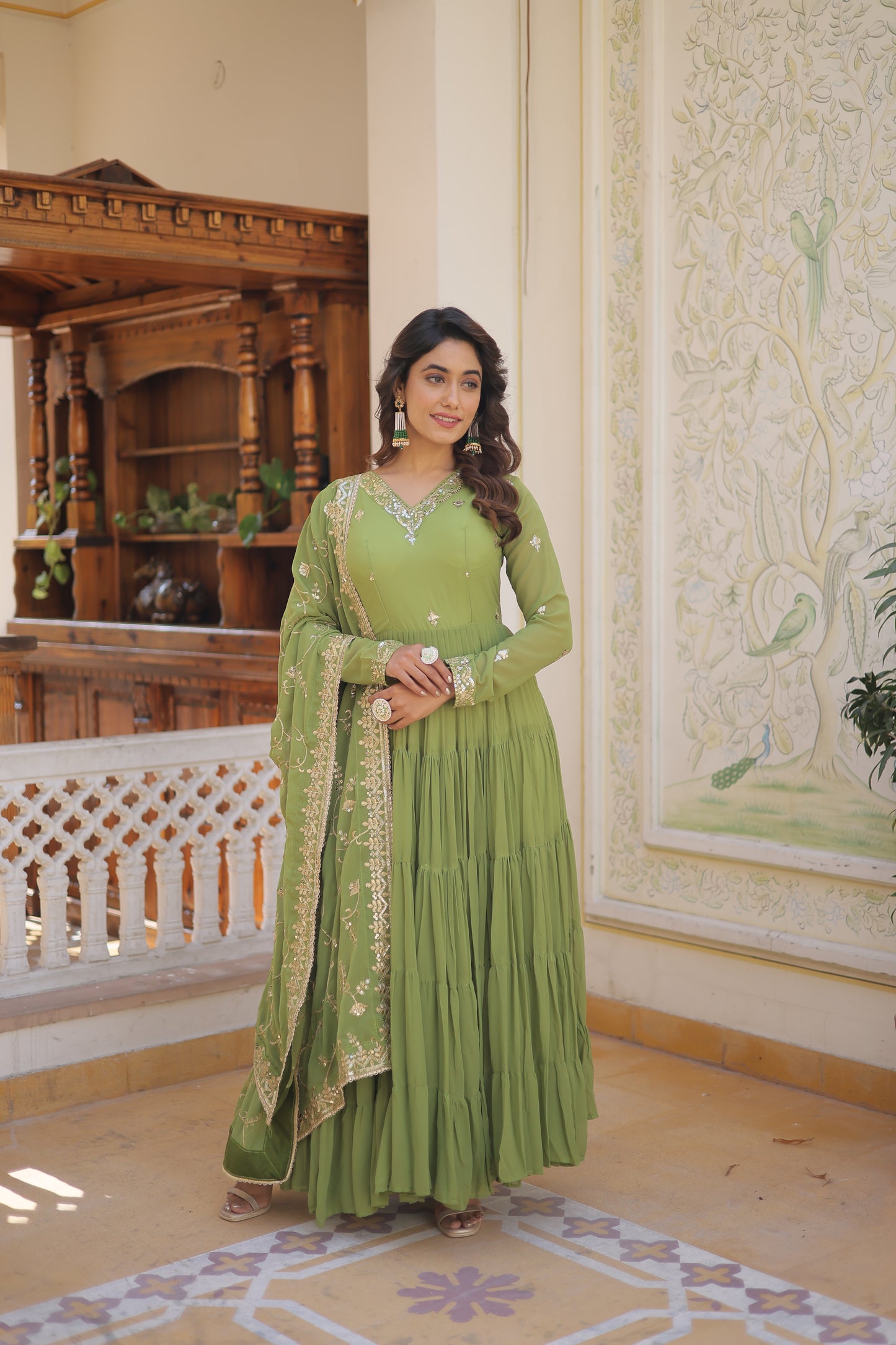 Elegant Faux Georgette Gown with 12-Meter Flair & Embroidered Dupatta – Designer V-Neck & Frill Stitching