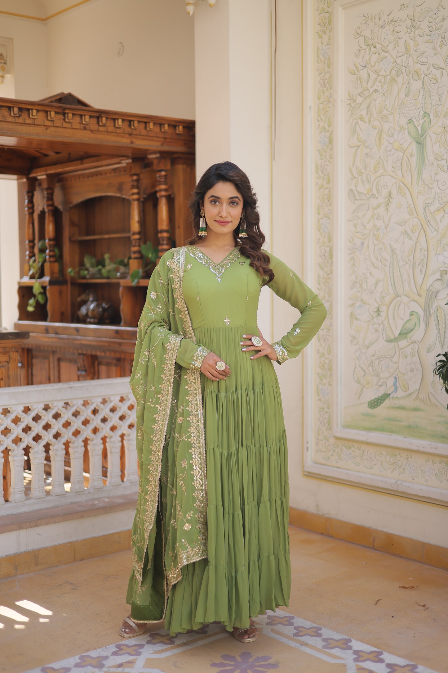 Elegant Faux Georgette Gown with 12-Meter Flair & Embroidered Dupatta – Designer V-Neck & Frill Stitching