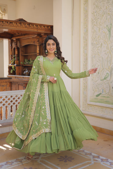 Elegant Faux Georgette Gown with 12-Meter Flair & Embroidered Dupatta – Designer V-Neck & Frill Stitching