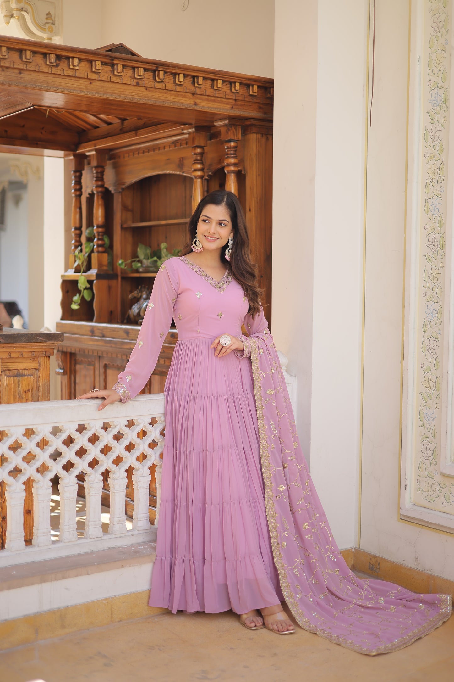 Elegant Faux Georgette Gown with 12-Meter Flair & Embroidered Dupatta – Designer V-Neck & Frill Stitching