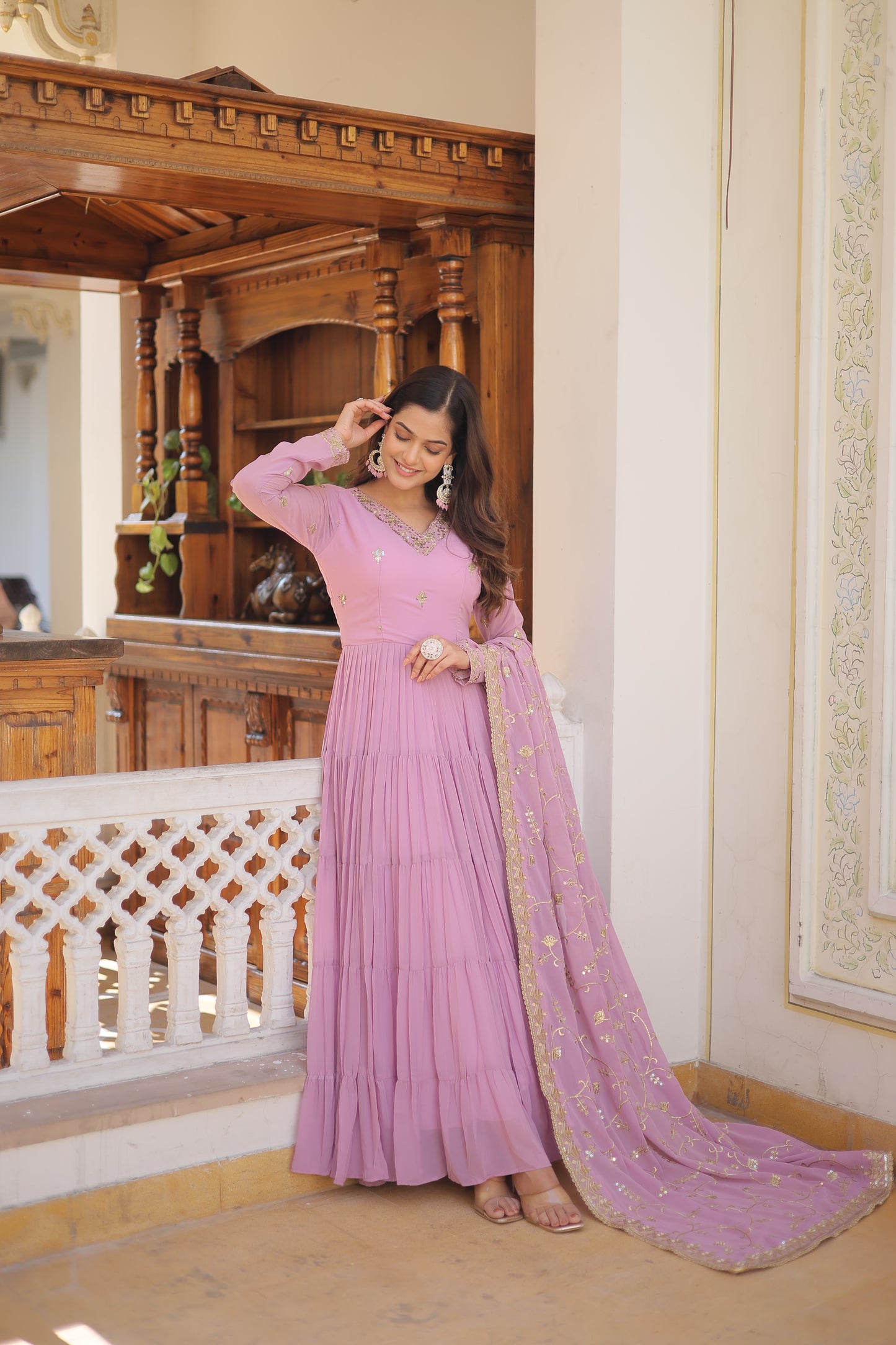 Elegant Faux Georgette Gown with 12-Meter Flair & Embroidered Dupatta – Designer V-Neck & Frill Stitching
