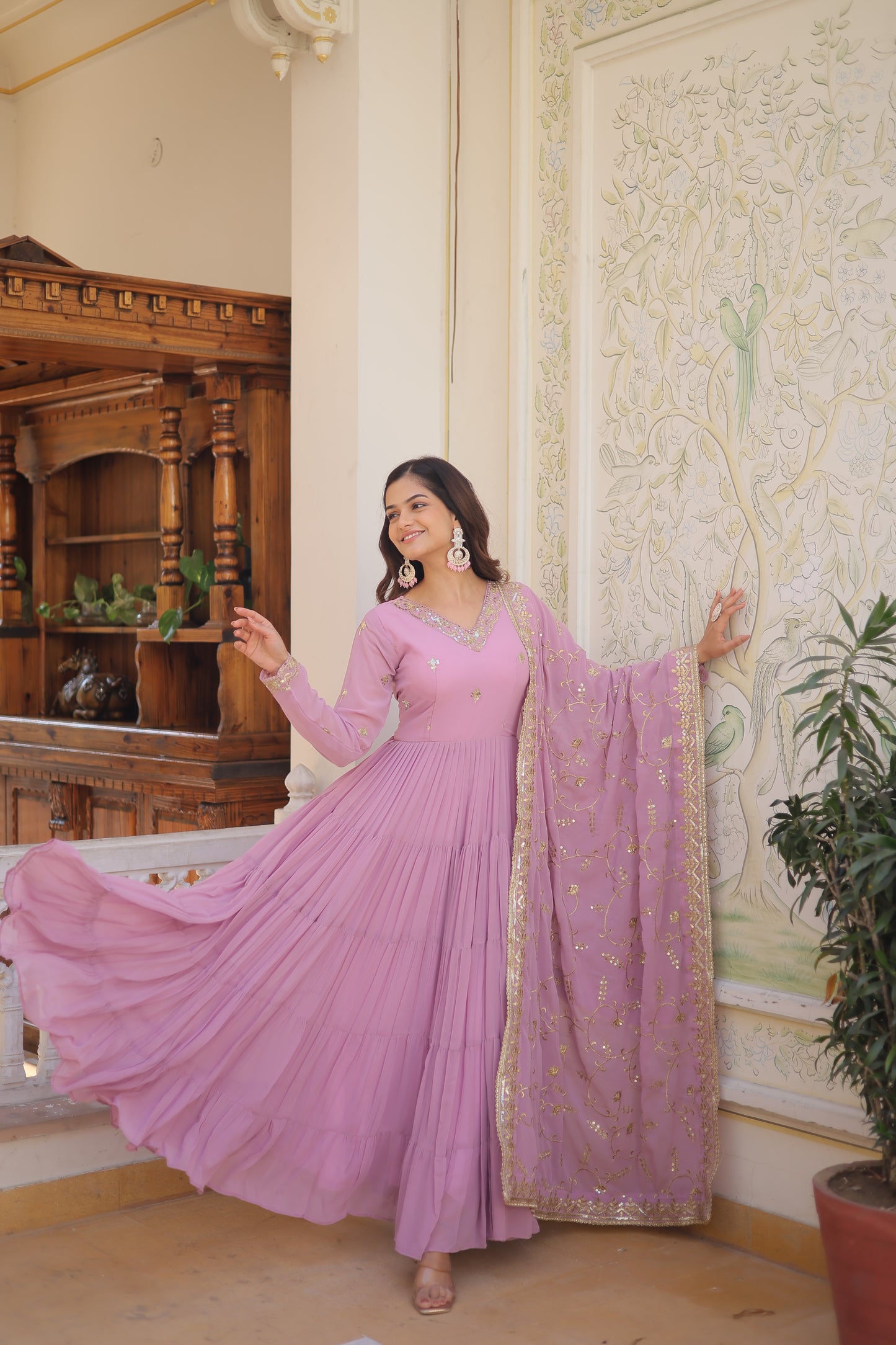 Elegant Faux Georgette Gown with 12-Meter Flair & Embroidered Dupatta – Designer V-Neck & Frill Stitching