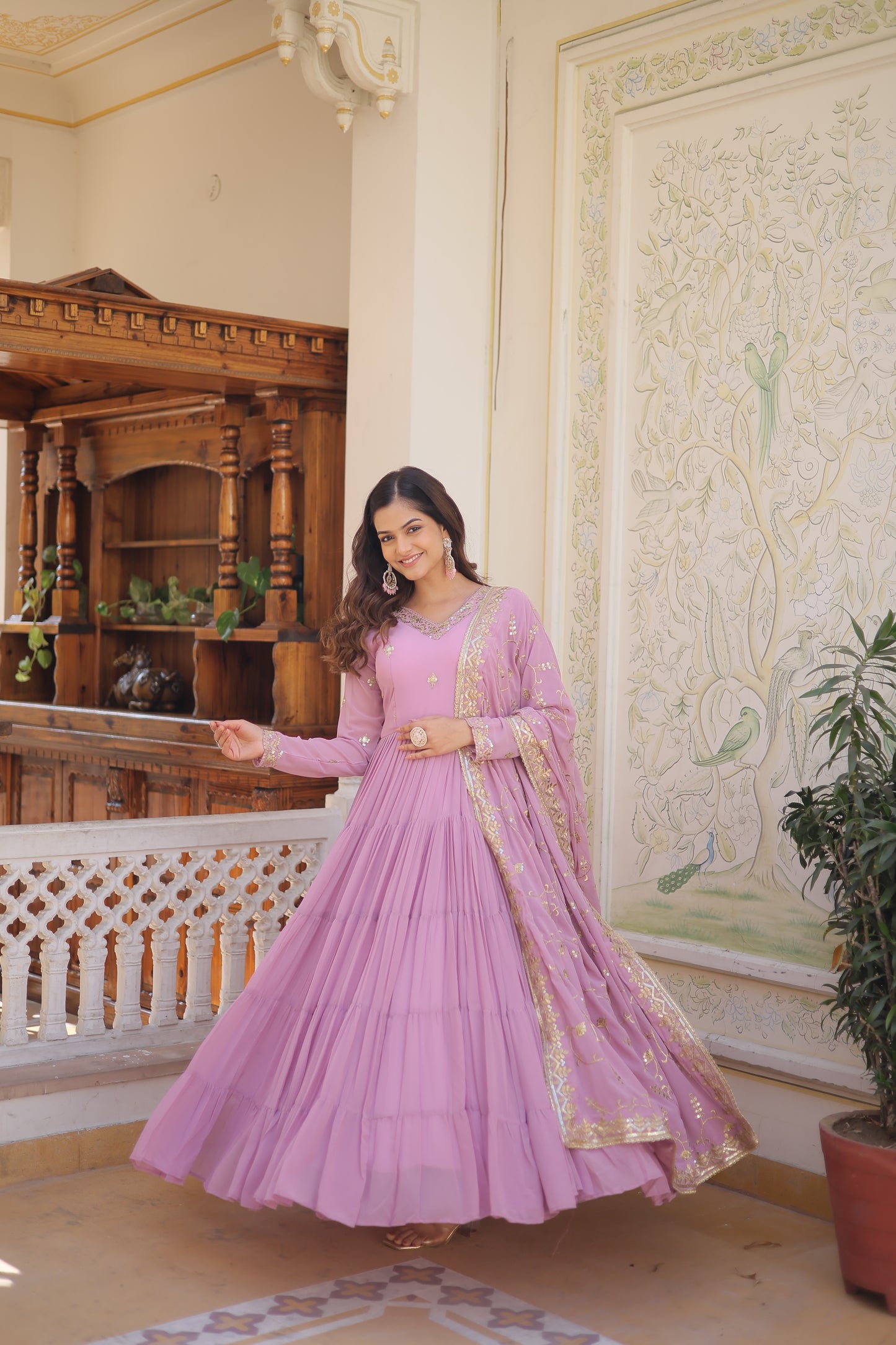 Elegant Faux Georgette Gown with 12-Meter Flair & Embroidered Dupatta – Designer V-Neck & Frill Stitching