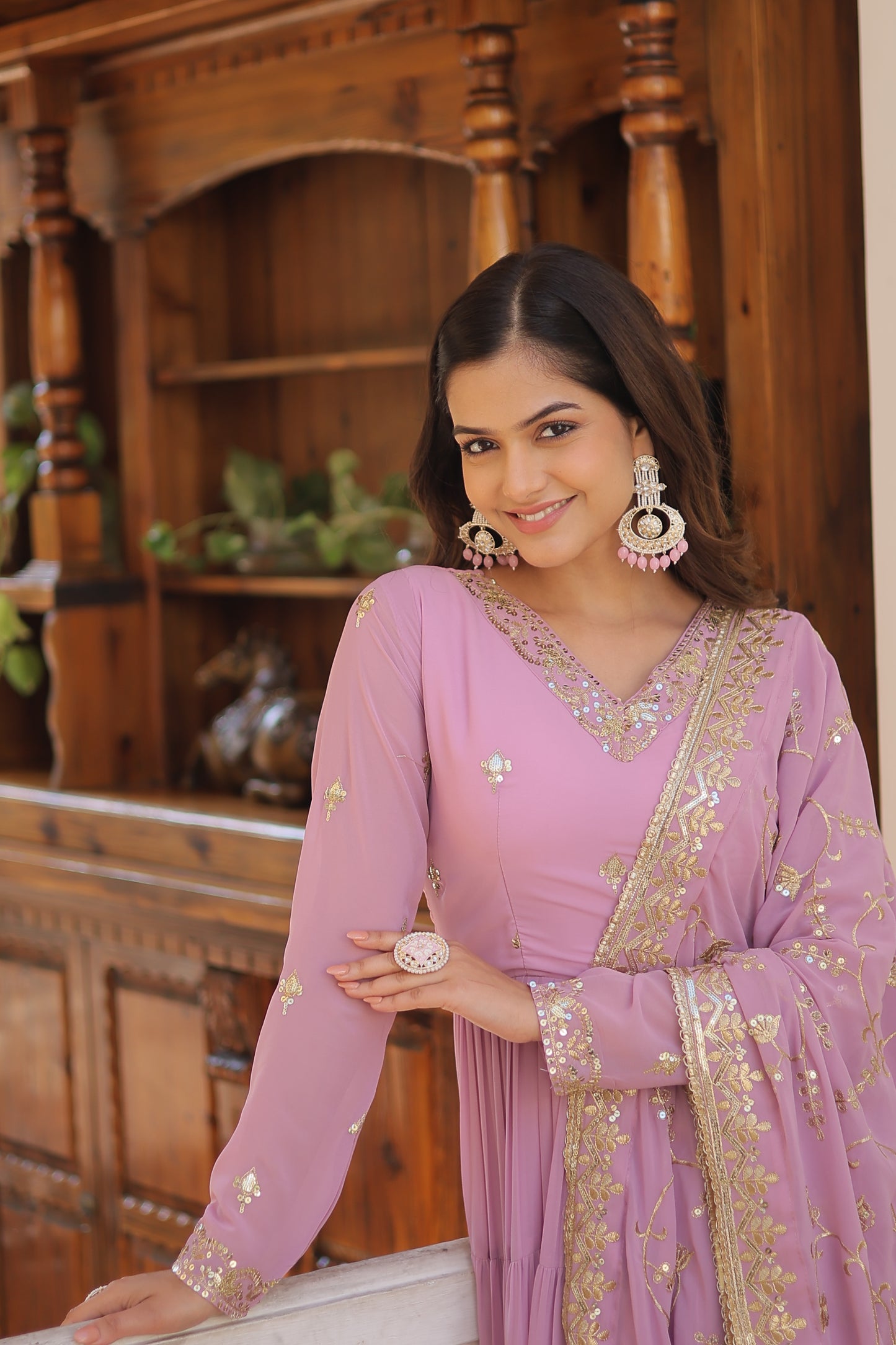 Elegant Faux Georgette Gown with 12-Meter Flair & Embroidered Dupatta – Designer V-Neck & Frill Stitching