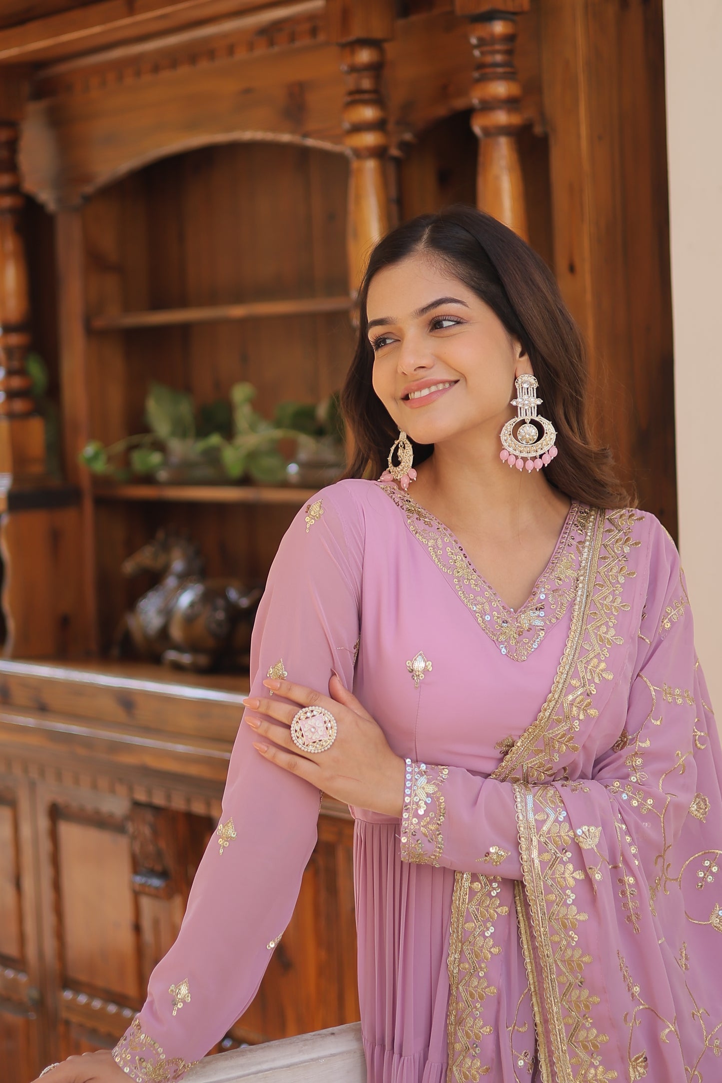 Elegant Faux Georgette Gown with 12-Meter Flair & Embroidered Dupatta – Designer V-Neck & Frill Stitching