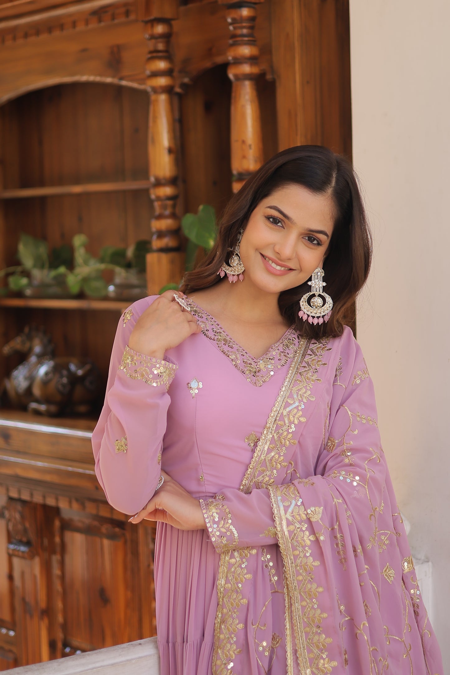 Elegant Faux Georgette Gown with 12-Meter Flair & Embroidered Dupatta – Designer V-Neck & Frill Stitching