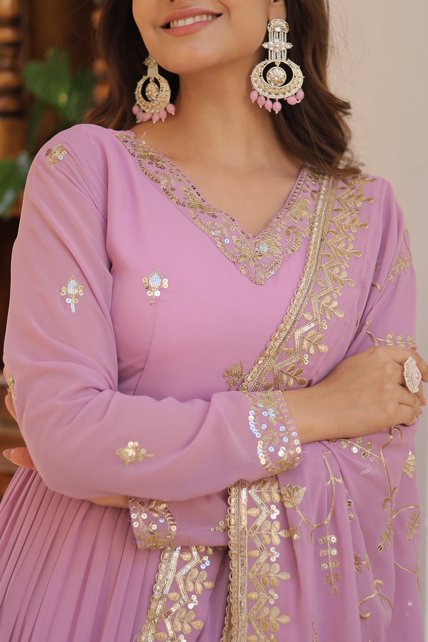 Elegant Faux Georgette Gown with 12-Meter Flair & Embroidered Dupatta – Designer V-Neck & Frill Stitching