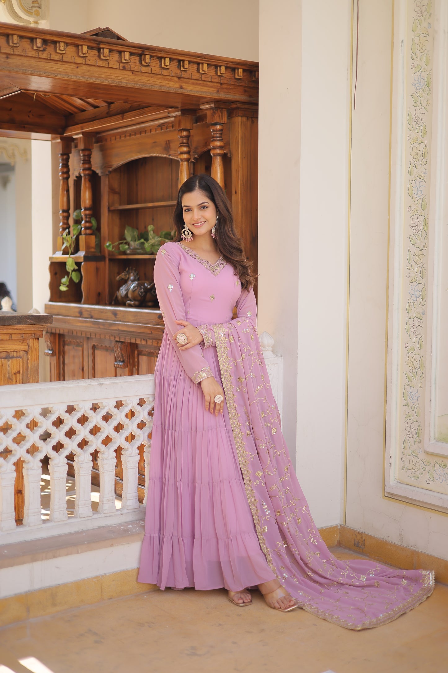Elegant Faux Georgette Gown with 12-Meter Flair & Embroidered Dupatta – Designer V-Neck & Frill Stitching