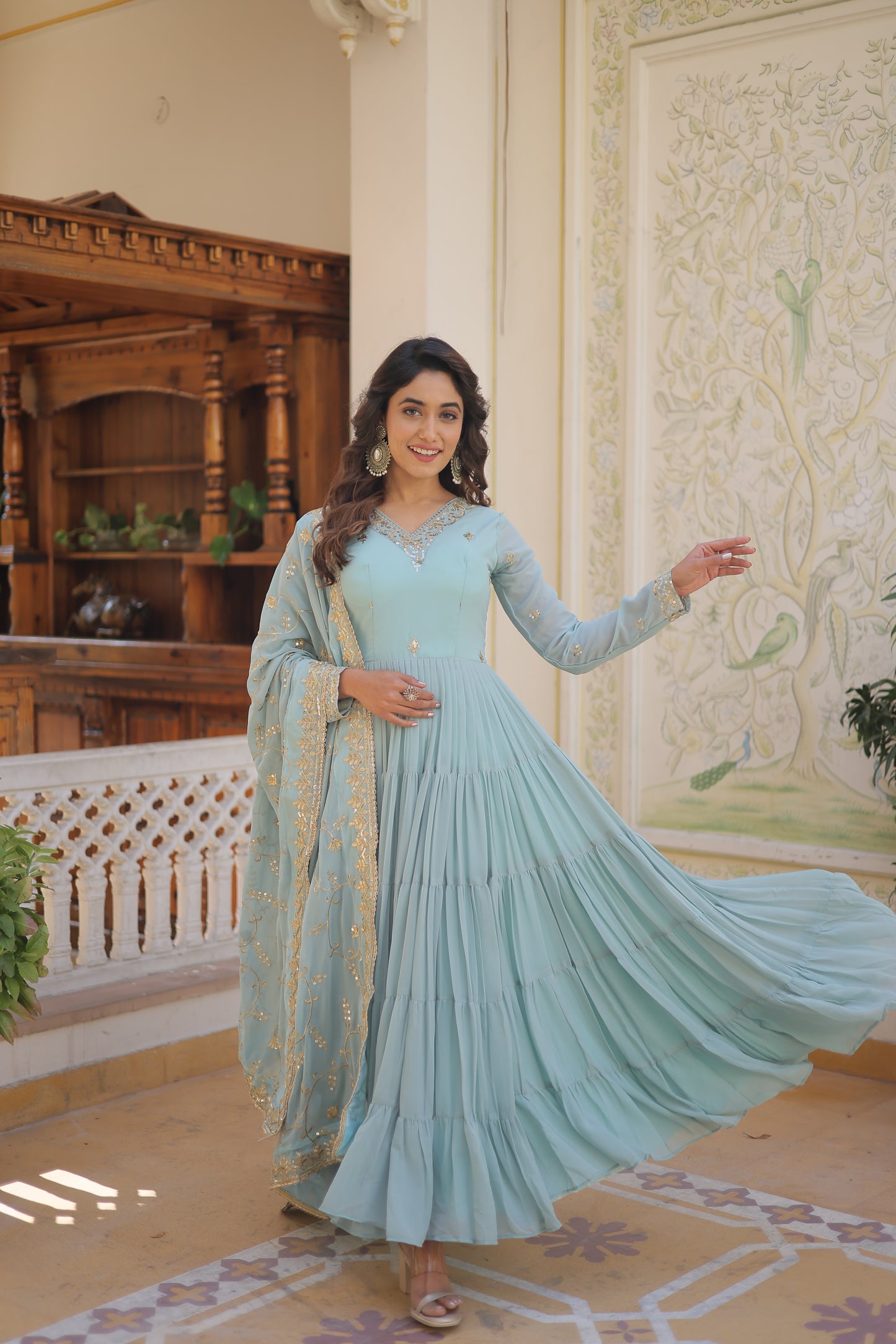 Elegant Faux Georgette Gown with 12-Meter Flair & Embroidered Dupatta – Designer V-Neck & Frill Stitching