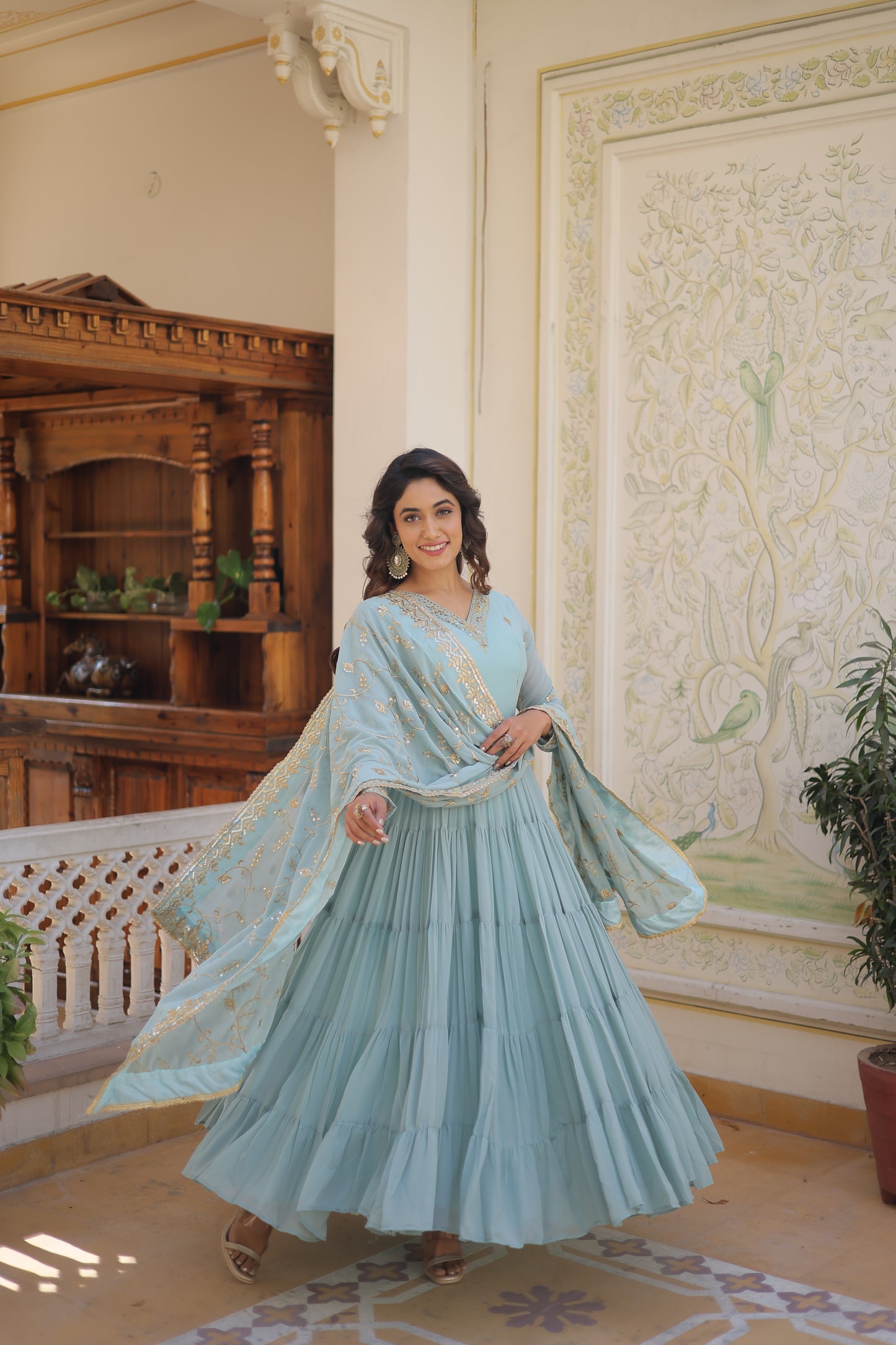 Elegant Faux Georgette Gown with 12-Meter Flair & Embroidered Dupatta – Designer V-Neck & Frill Stitching