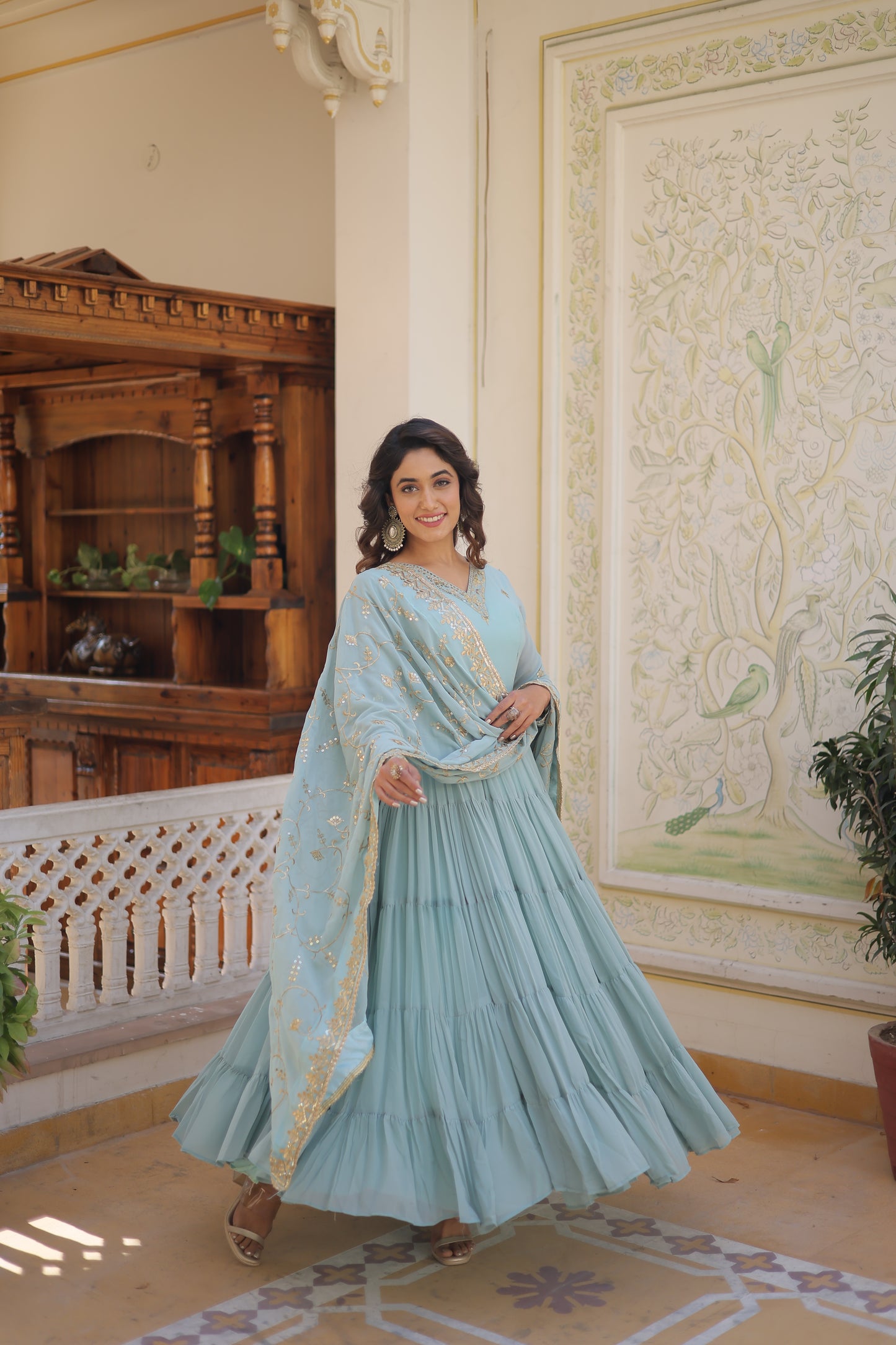 Elegant Faux Georgette Gown with 12-Meter Flair & Embroidered Dupatta – Designer V-Neck & Frill Stitching