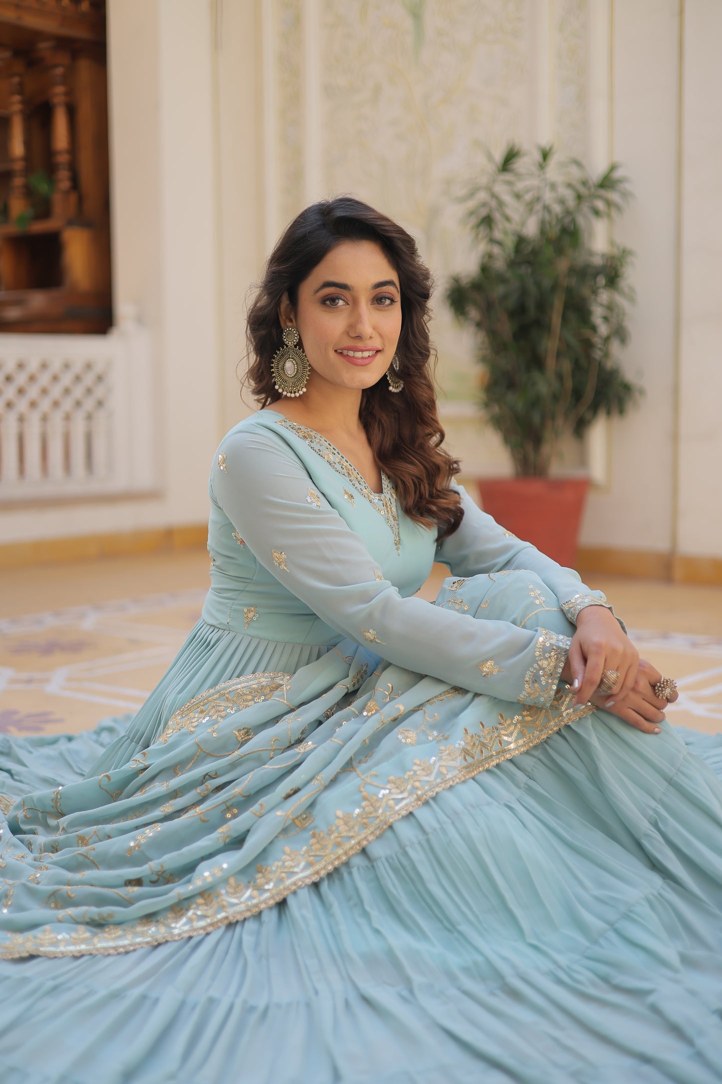 Elegant Faux Georgette Gown with 12-Meter Flair & Embroidered Dupatta – Designer V-Neck & Frill Stitching