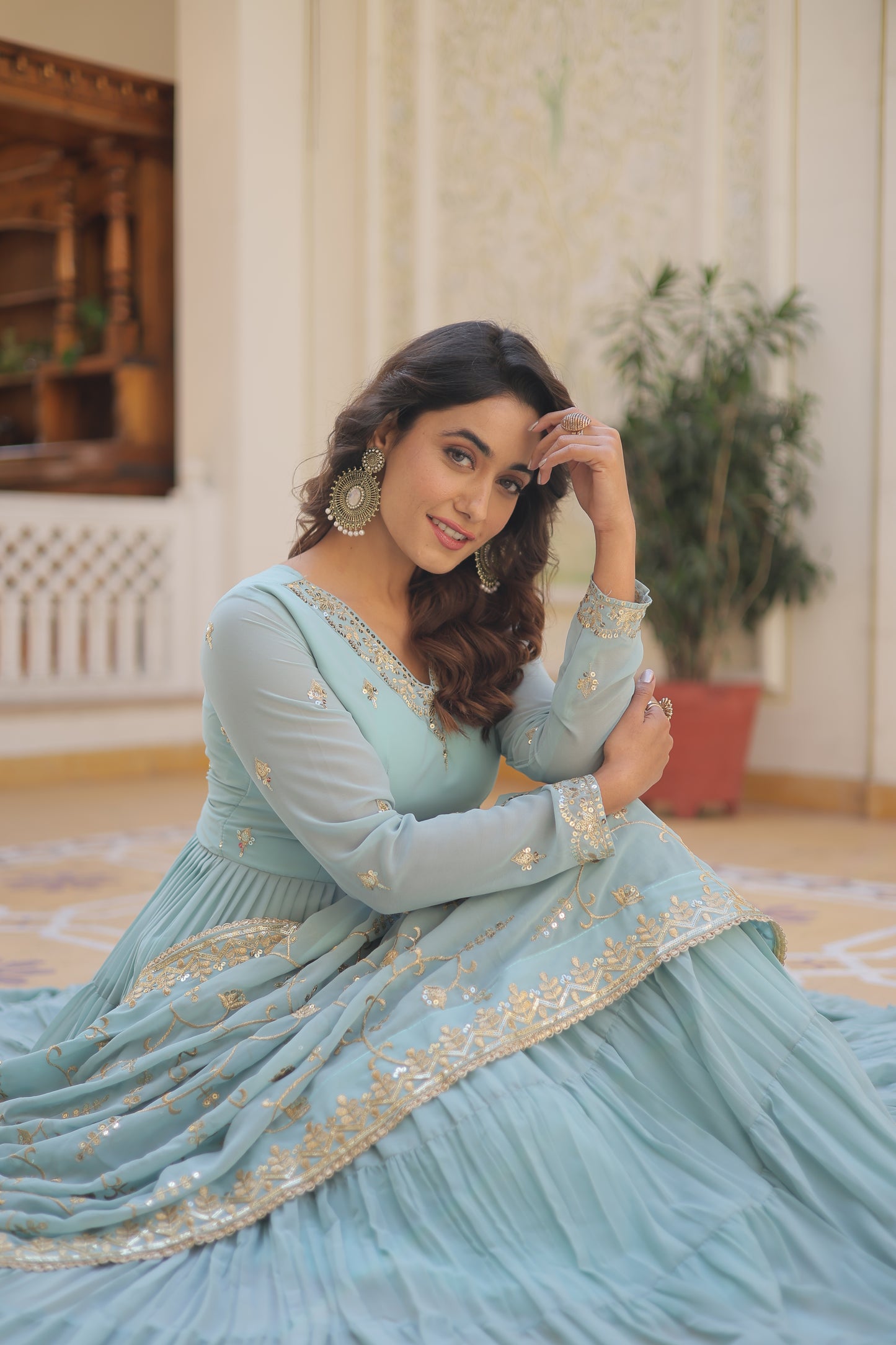 Elegant Faux Georgette Gown with 12-Meter Flair & Embroidered Dupatta – Designer V-Neck & Frill Stitching