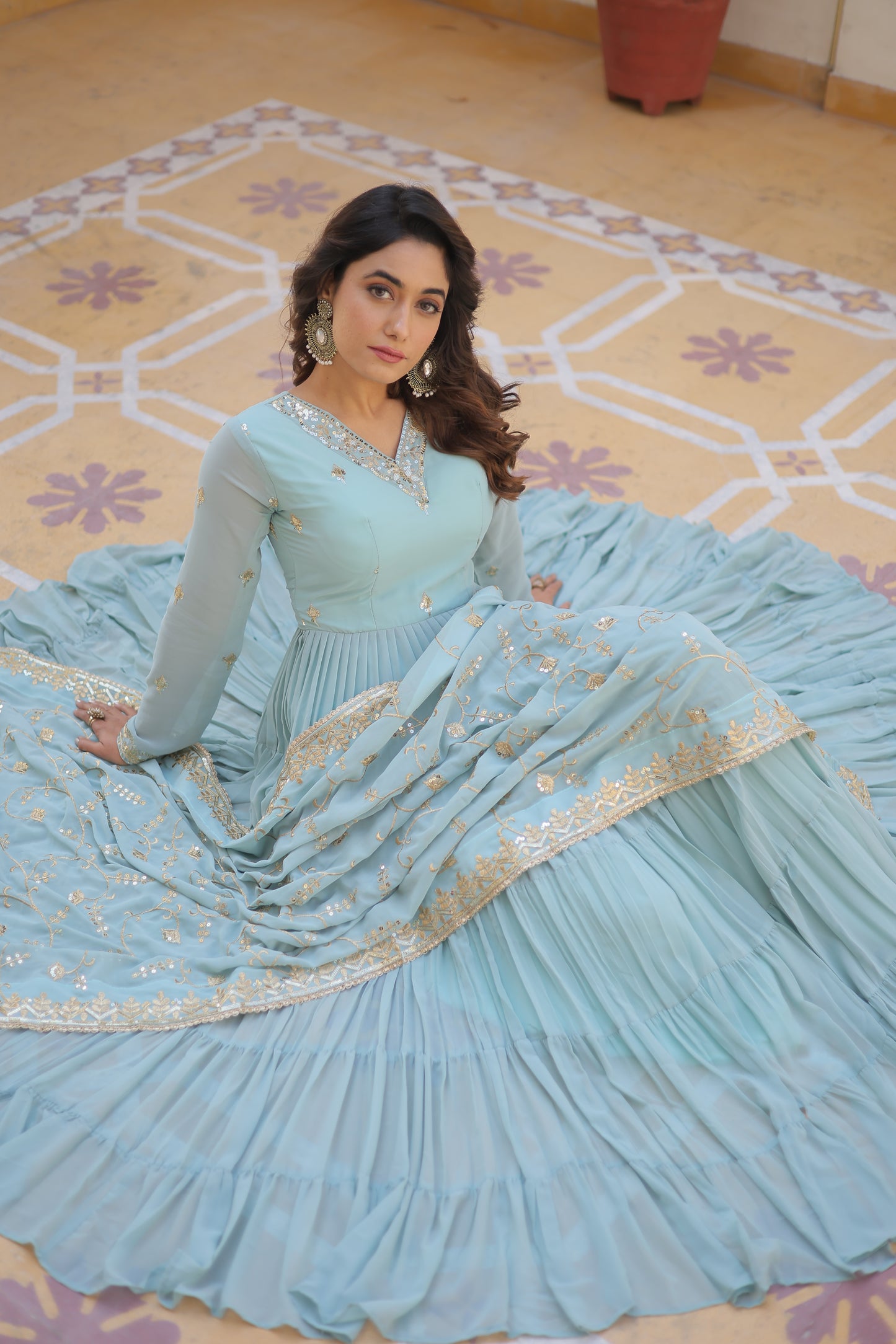 Elegant Faux Georgette Gown with 12-Meter Flair & Embroidered Dupatta – Designer V-Neck & Frill Stitching