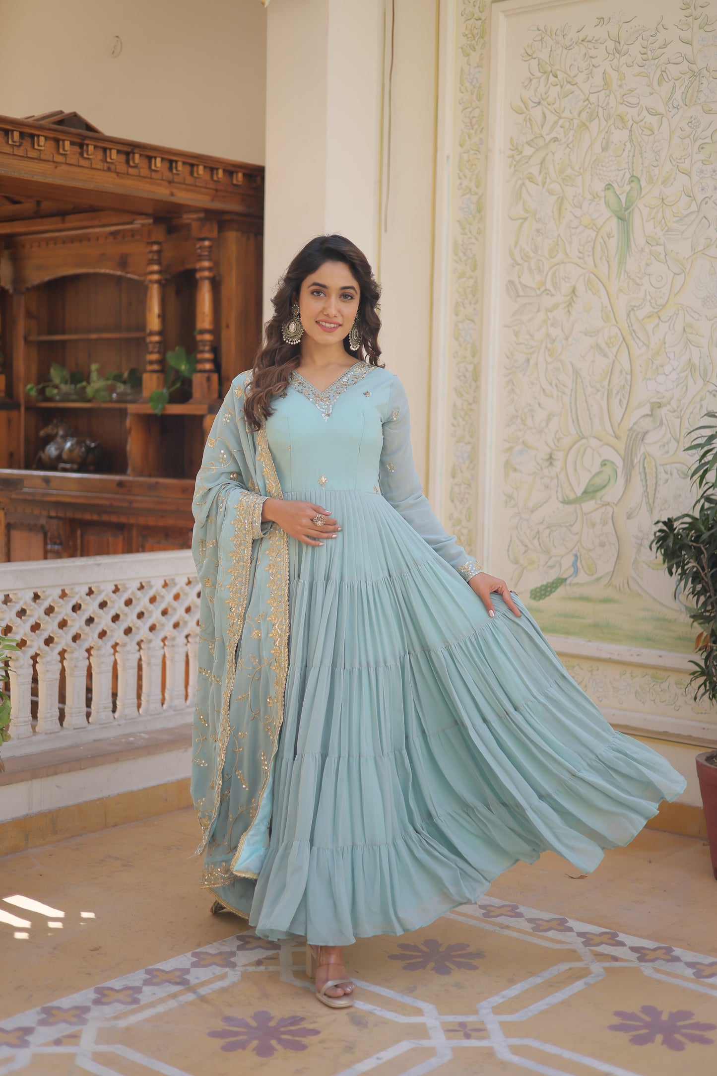 Elegant Faux Georgette Gown with 12-Meter Flair & Embroidered Dupatta – Designer V-Neck & Frill Stitching