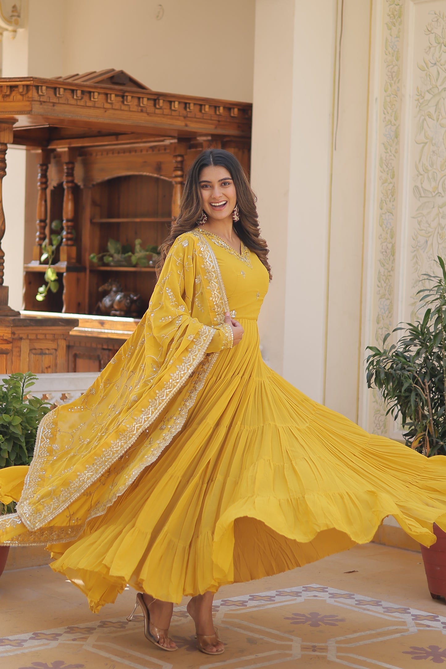 Elegant Faux Georgette Gown with 12-Meter Flair & Embroidered Dupatta – Designer V-Neck & Frill Stitching