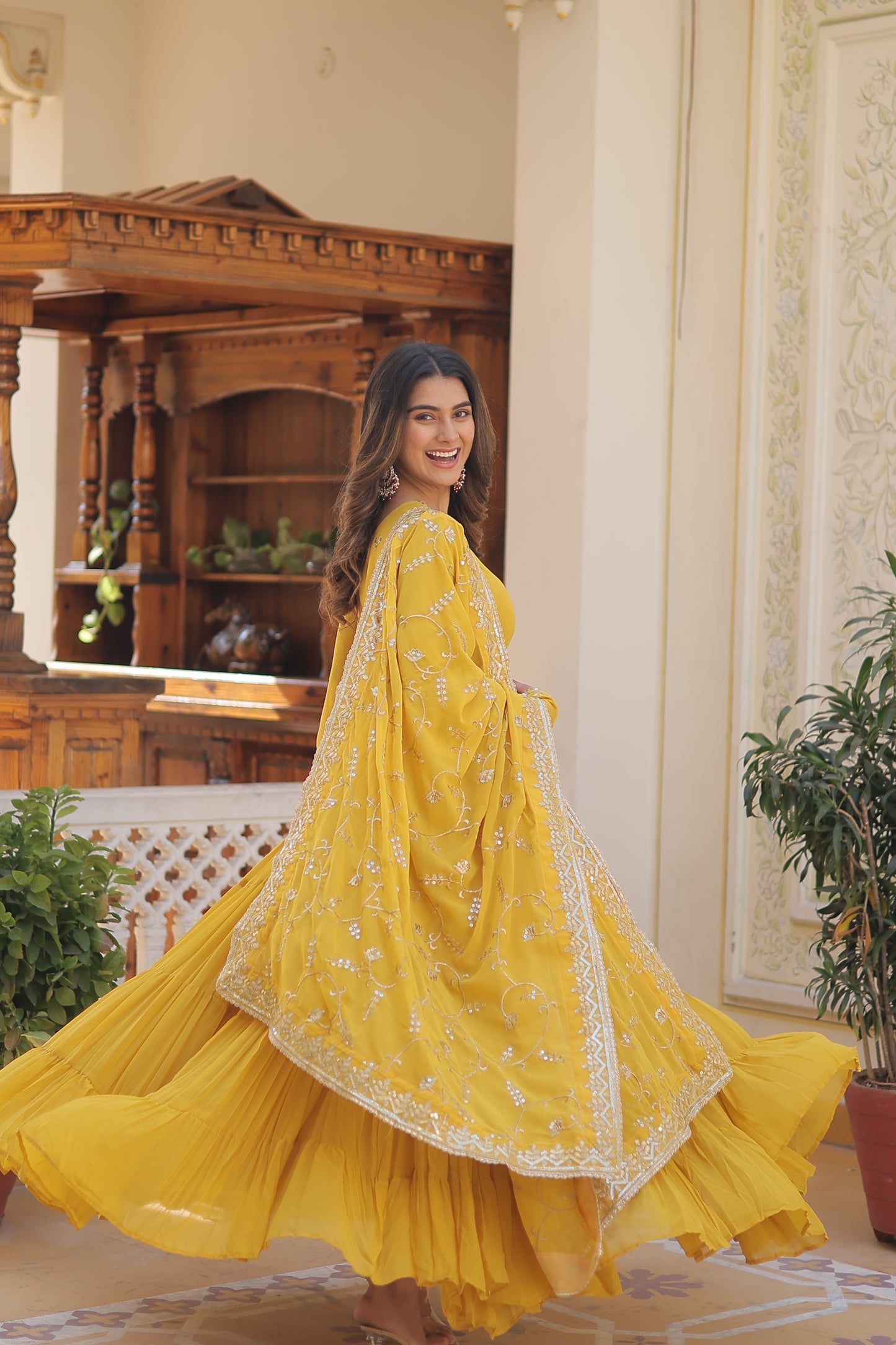 Elegant Faux Georgette Gown with 12-Meter Flair & Embroidered Dupatta – Designer V-Neck & Frill Stitching