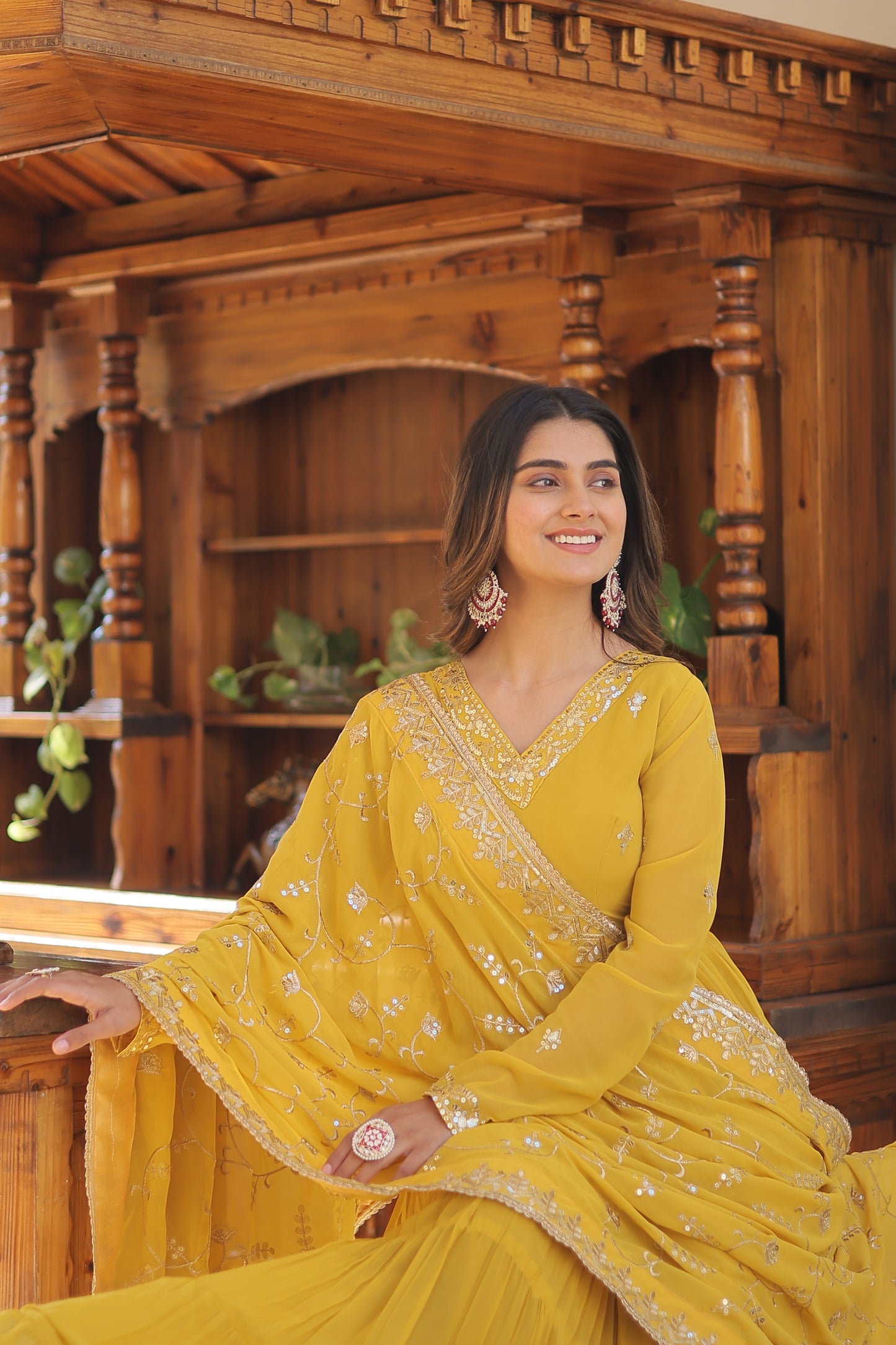 Elegant Faux Georgette Gown with 12-Meter Flair & Embroidered Dupatta – Designer V-Neck & Frill Stitching