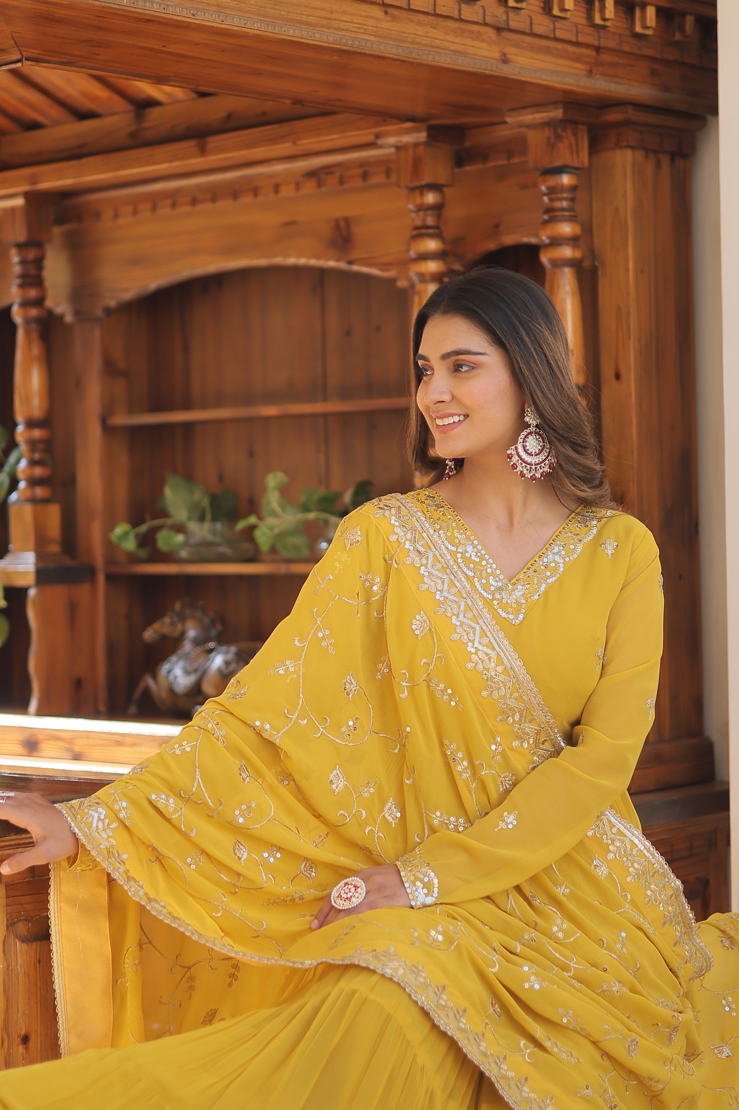 Elegant Faux Georgette Gown with 12-Meter Flair & Embroidered Dupatta – Designer V-Neck & Frill Stitching