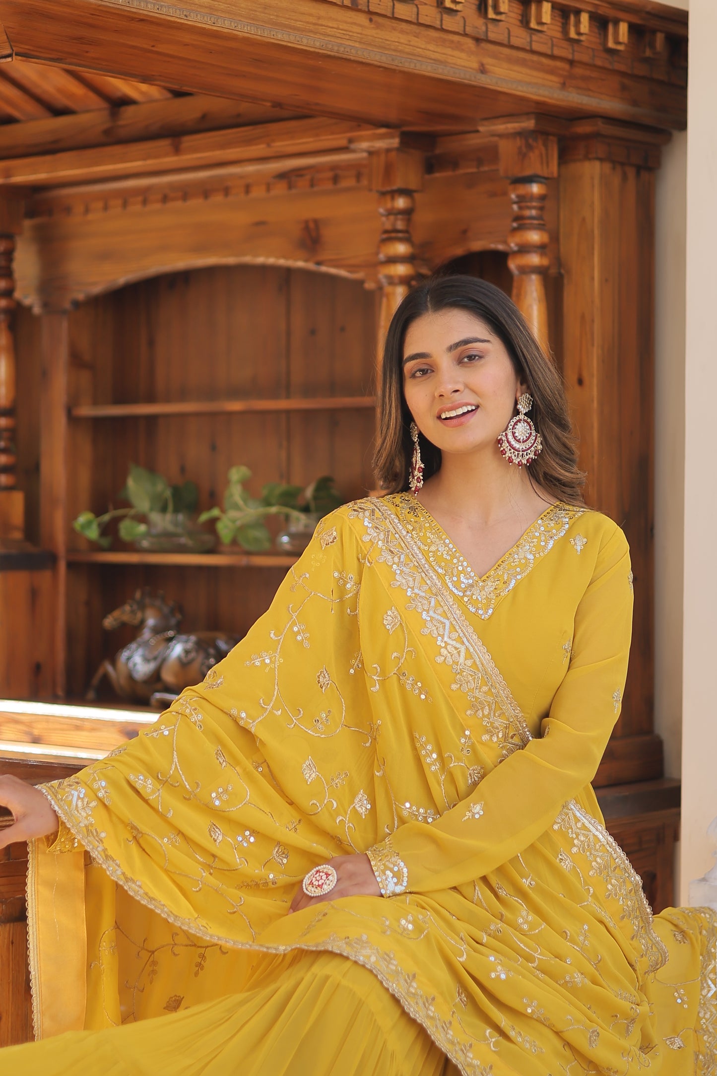 Elegant Faux Georgette Gown with 12-Meter Flair & Embroidered Dupatta – Designer V-Neck & Frill Stitching