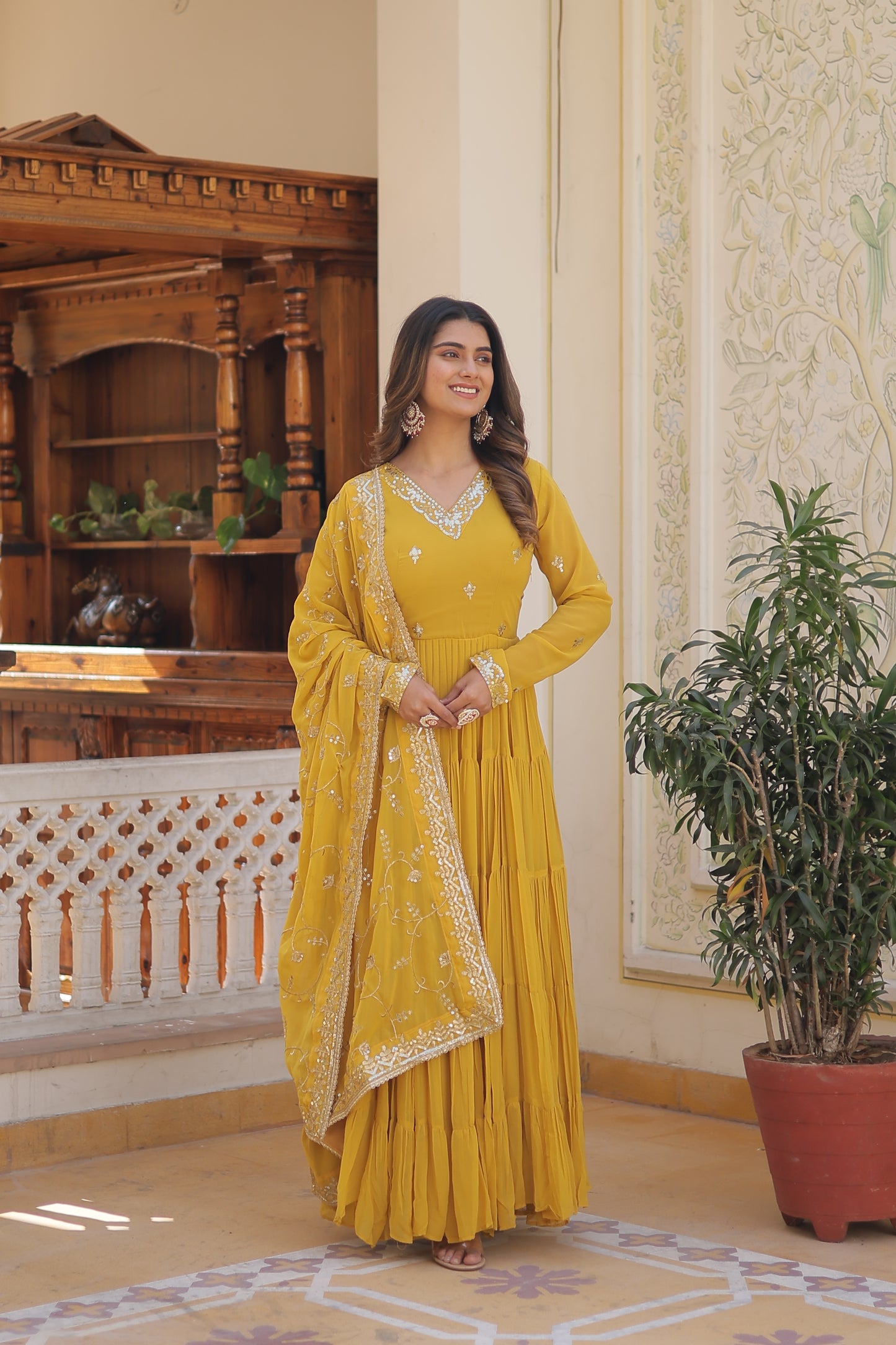 Elegant Faux Georgette Gown with 12-Meter Flair & Embroidered Dupatta – Designer V-Neck & Frill Stitching