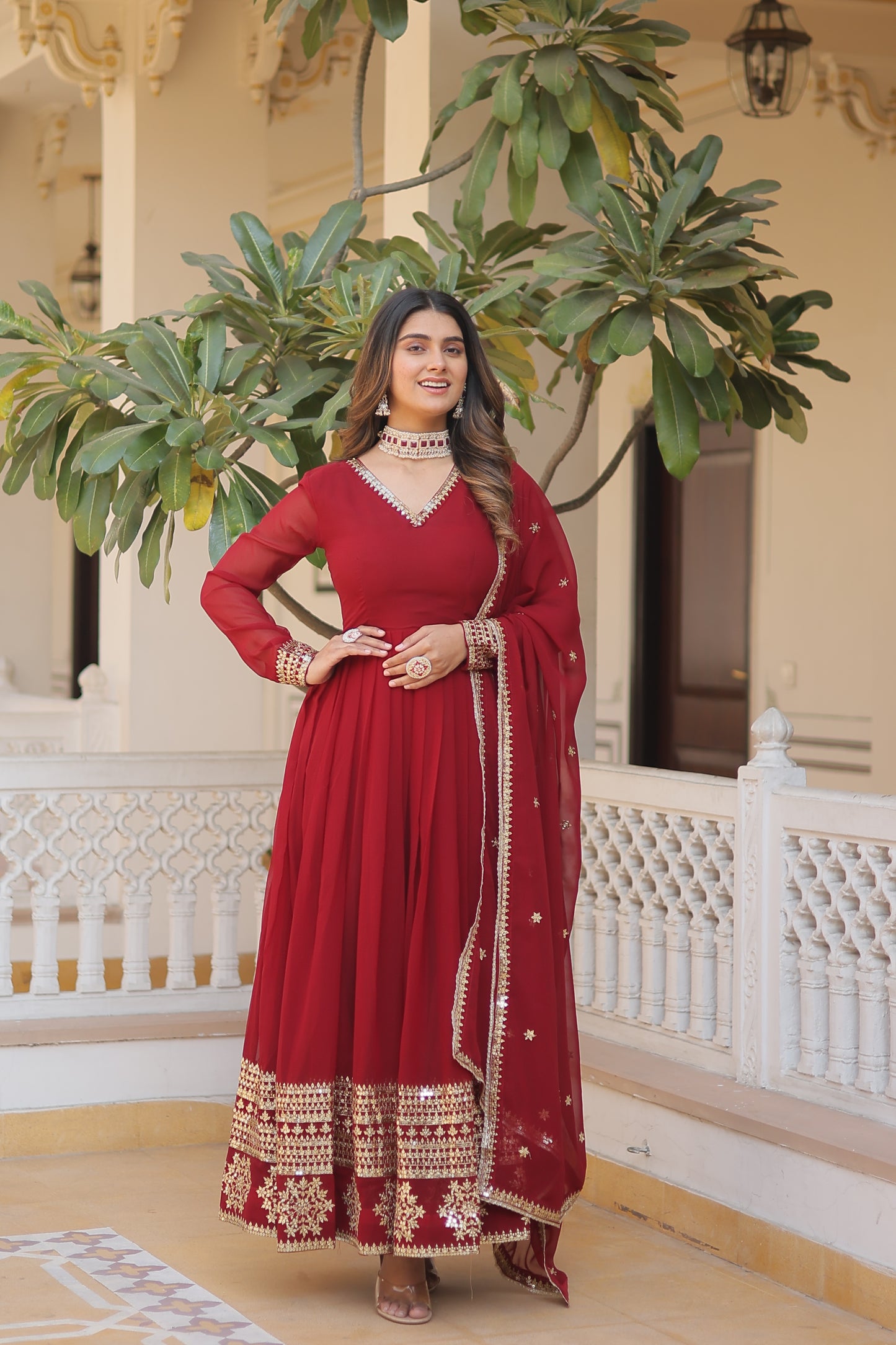 Faux Blooming Embroidered Gown with Dupatta – Sequins Work & V-Neck Design