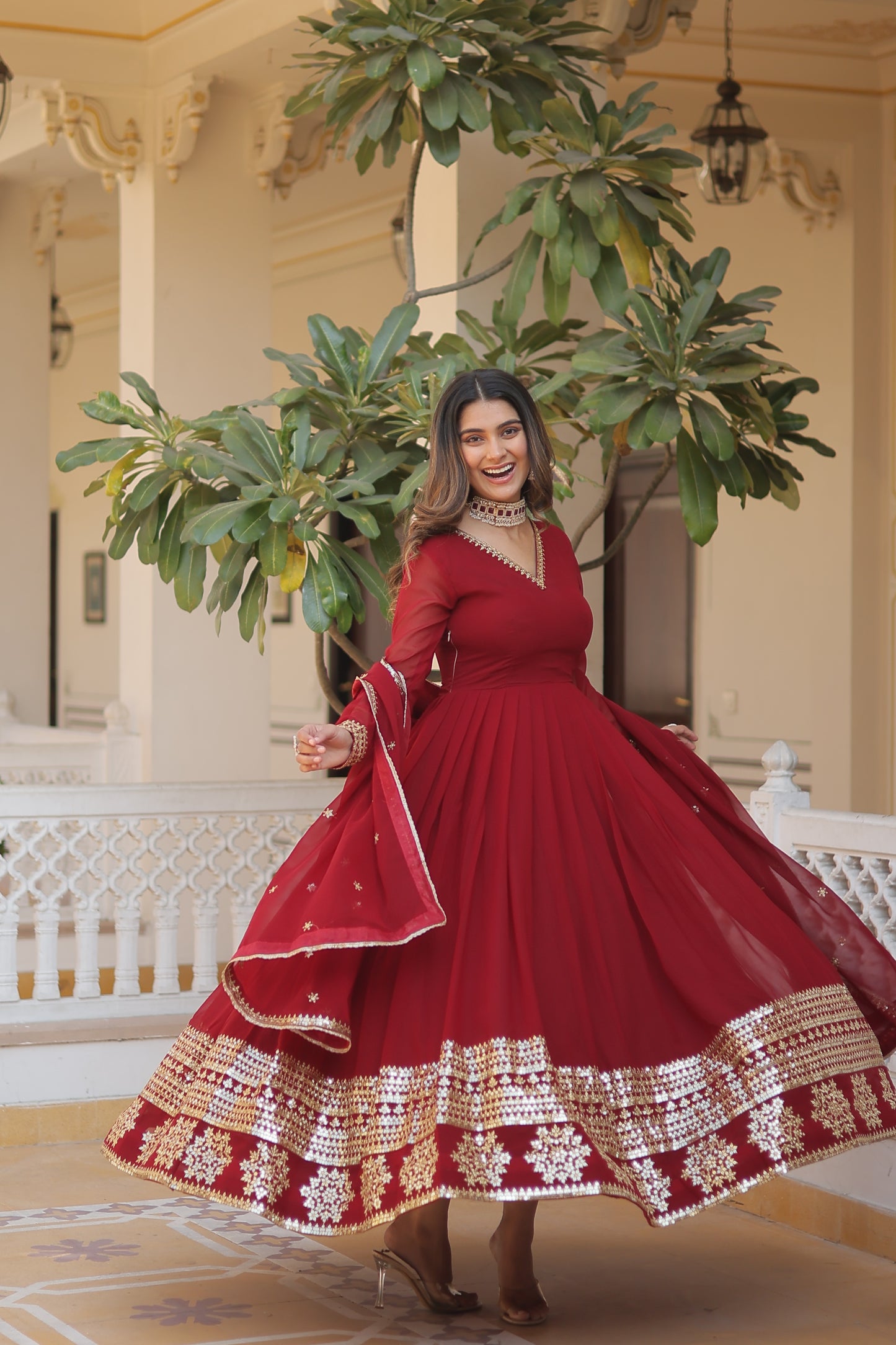 Faux Blooming Embroidered Gown with Dupatta – Sequins Work & V-Neck Design