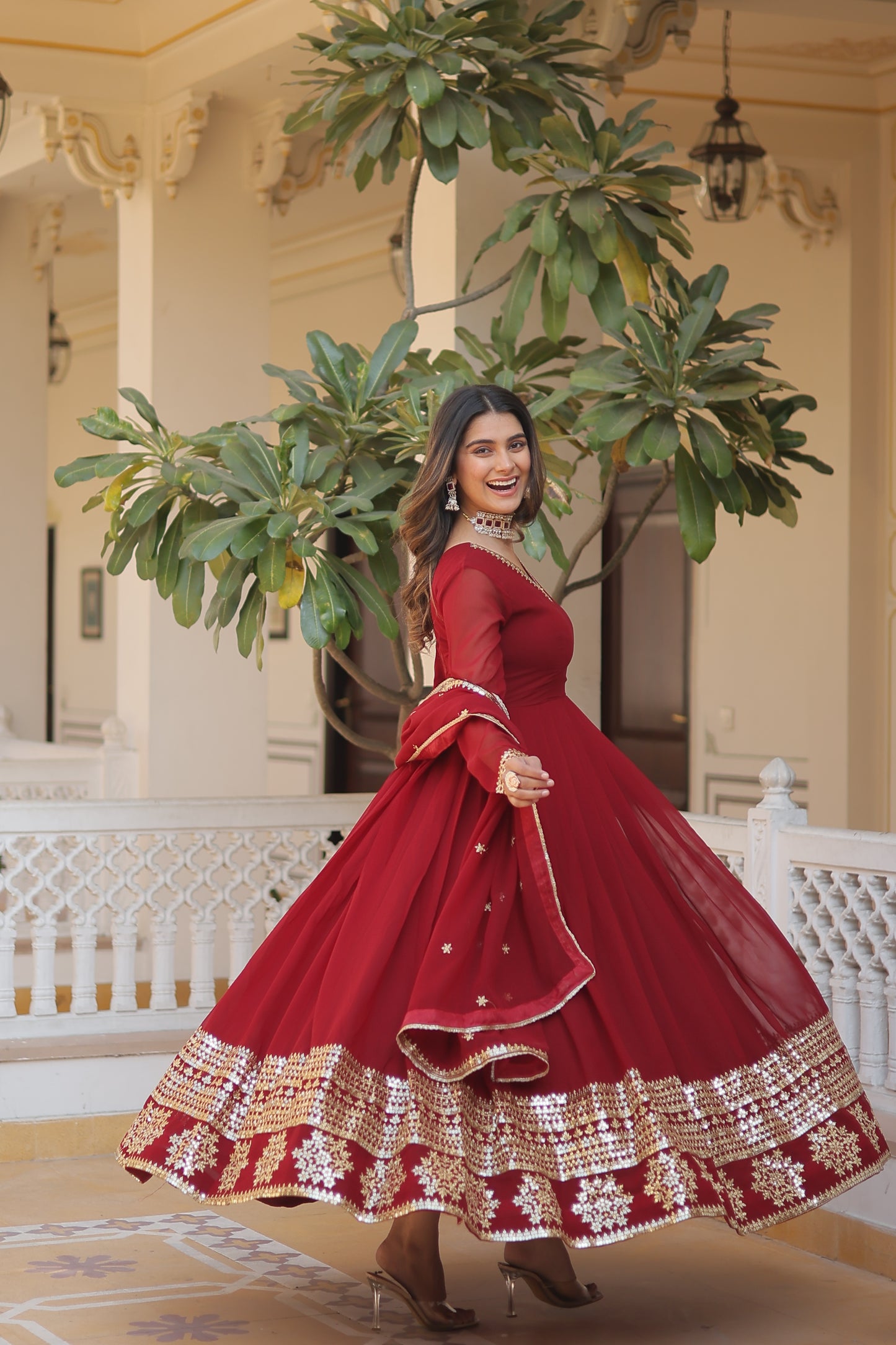 Faux Blooming Embroidered Gown with Dupatta – Sequins Work & V-Neck Design
