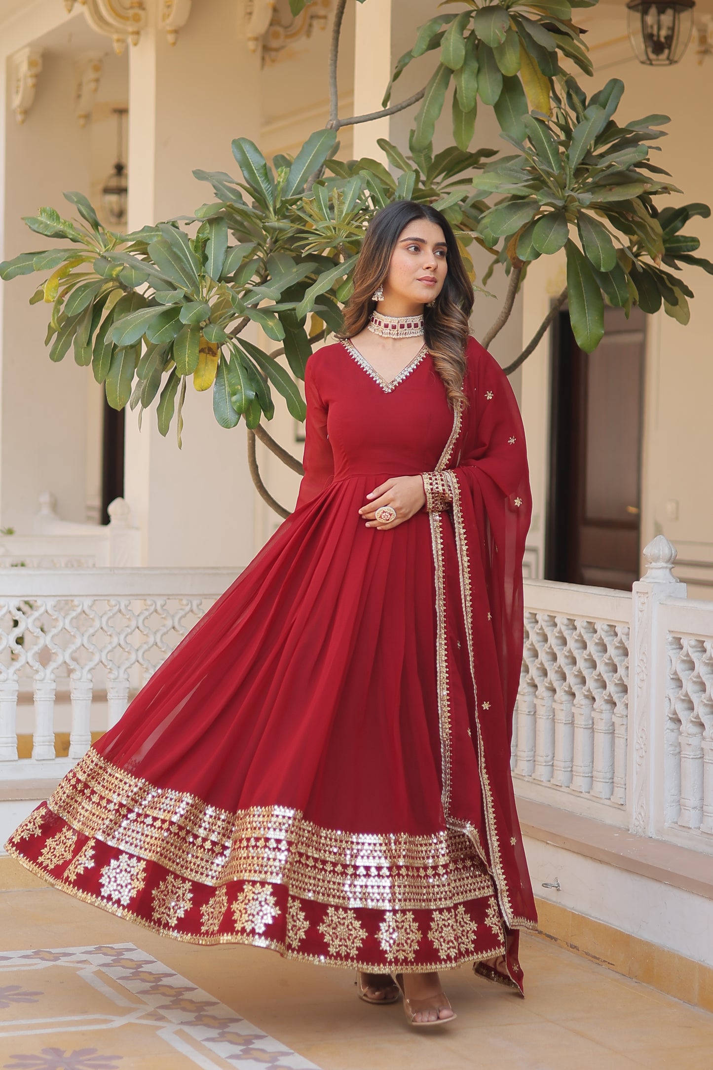 Faux Blooming Embroidered Gown with Dupatta – Sequins Work & V-Neck Design