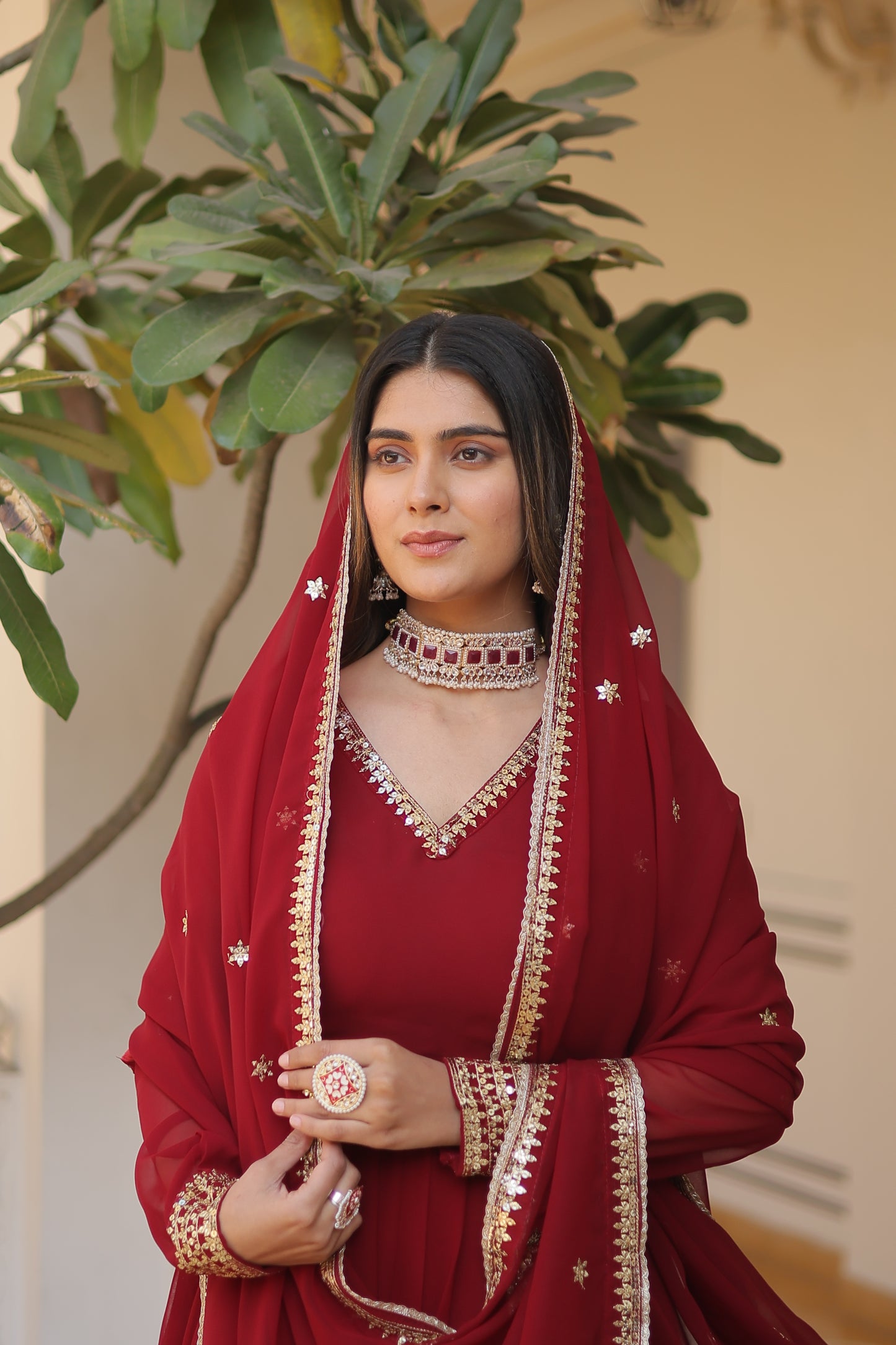 Faux Blooming Embroidered Gown with Dupatta – Sequins Work & V-Neck Design