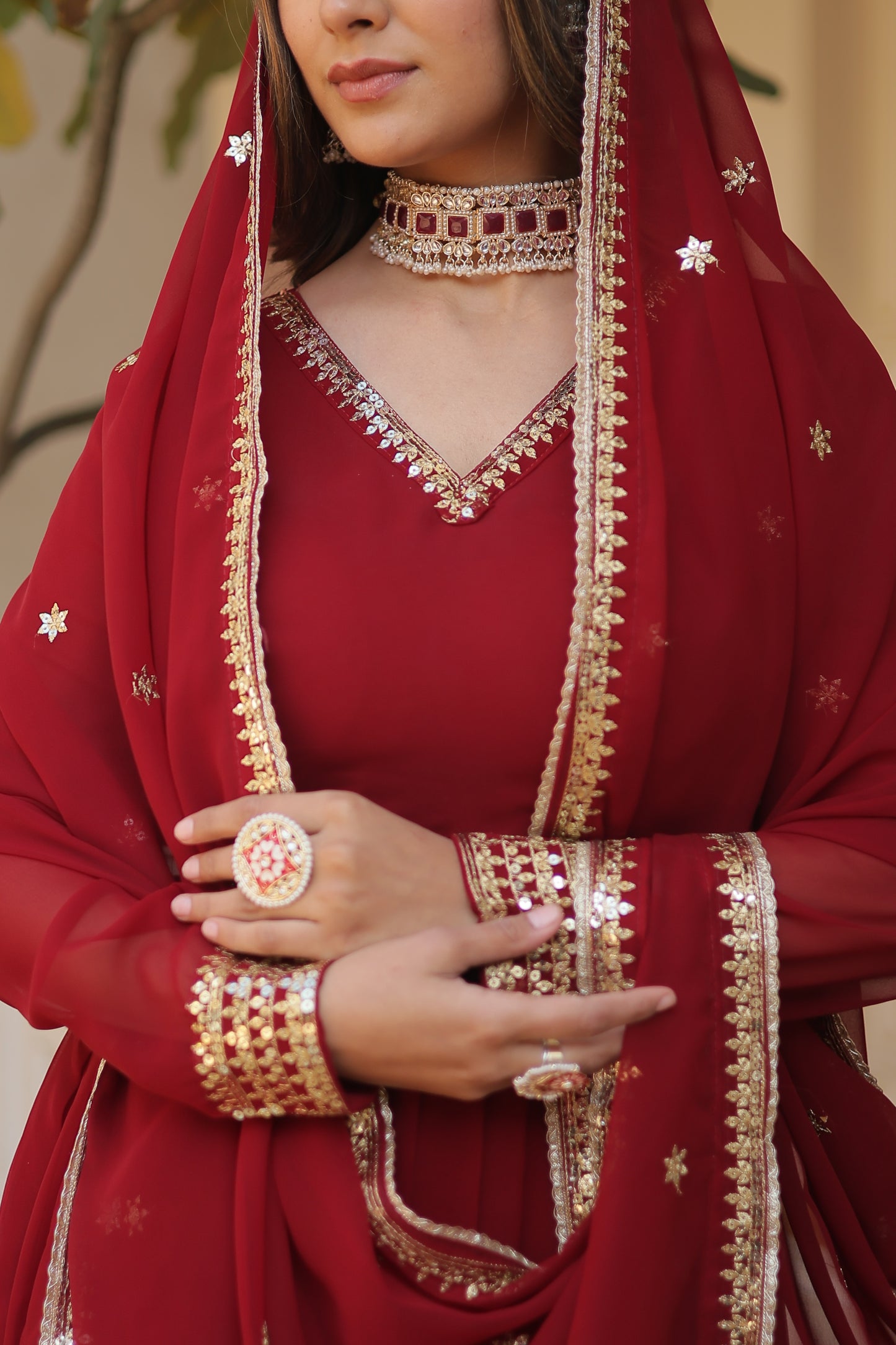 Faux Blooming Embroidered Gown with Dupatta – Sequins Work & V-Neck Design