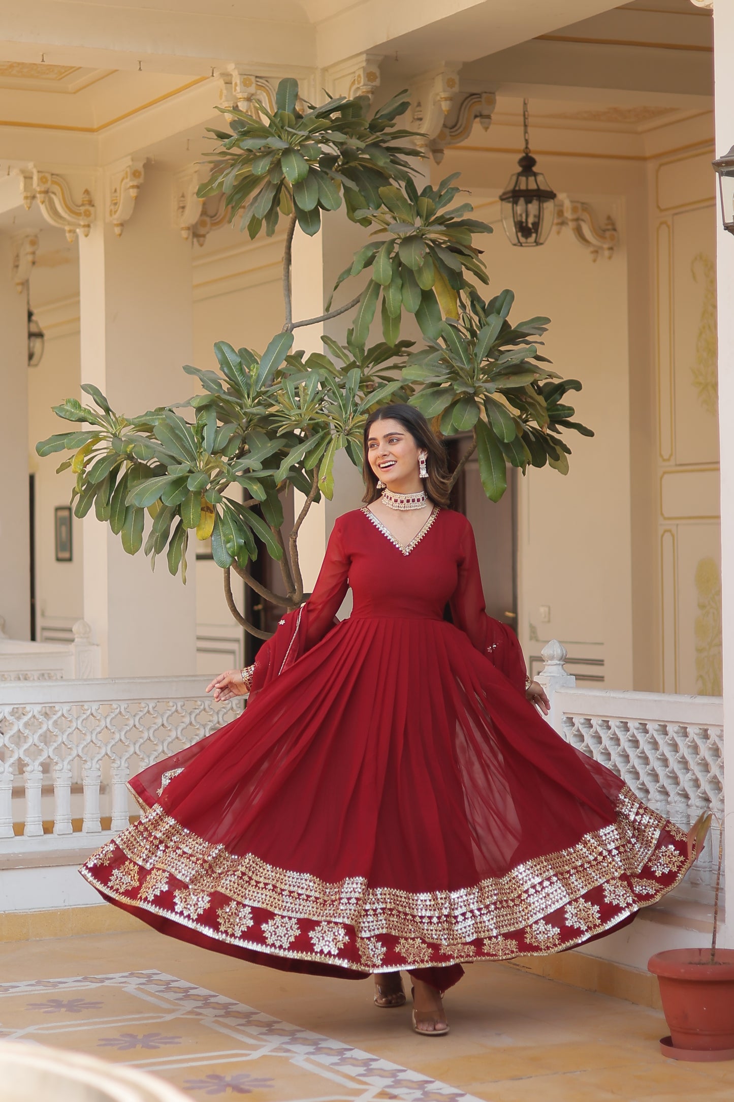 Faux Blooming Embroidered Gown with Dupatta – Sequins Work & V-Neck Design