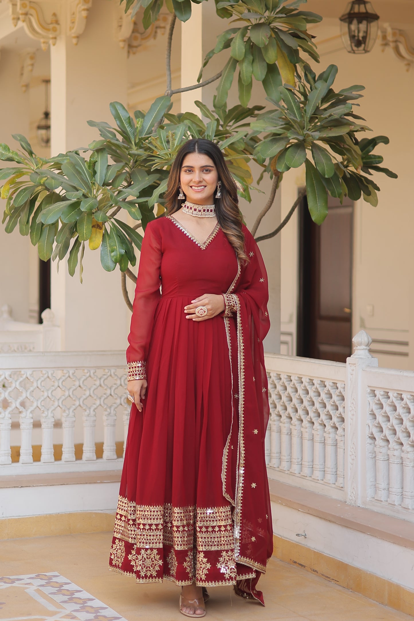 Faux Blooming Embroidered Gown with Dupatta – Sequins Work & V-Neck Design