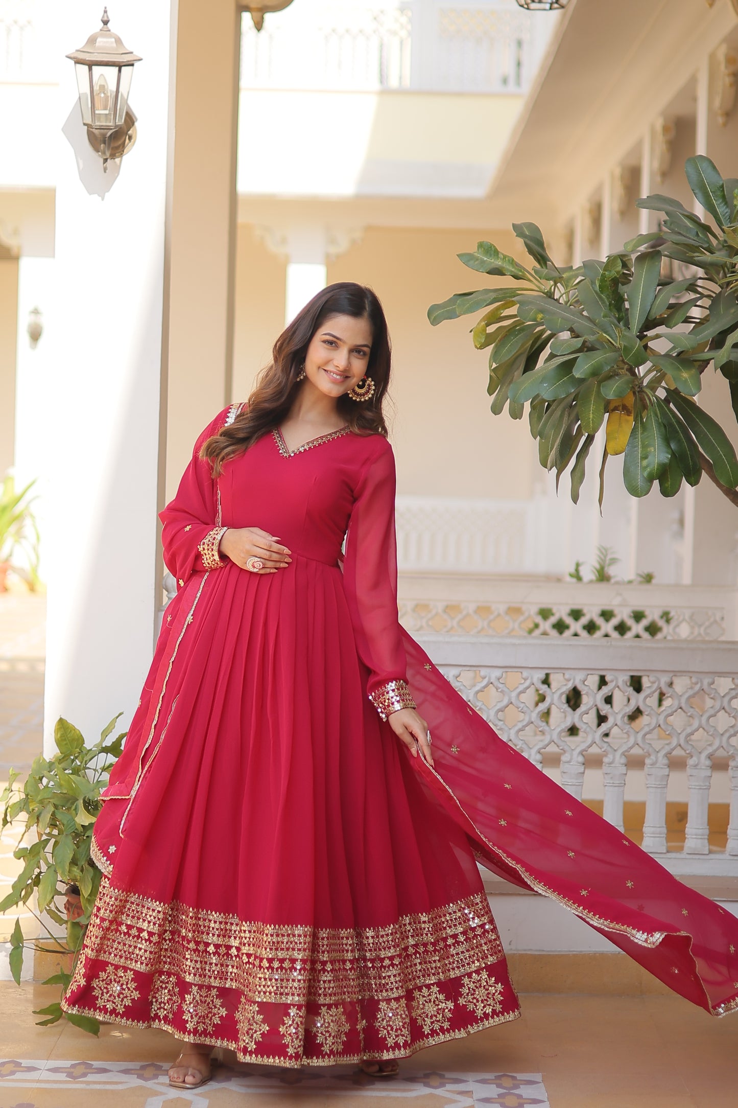 Faux Blooming Embroidered Gown with Dupatta – Sequins Work & V-Neck Design