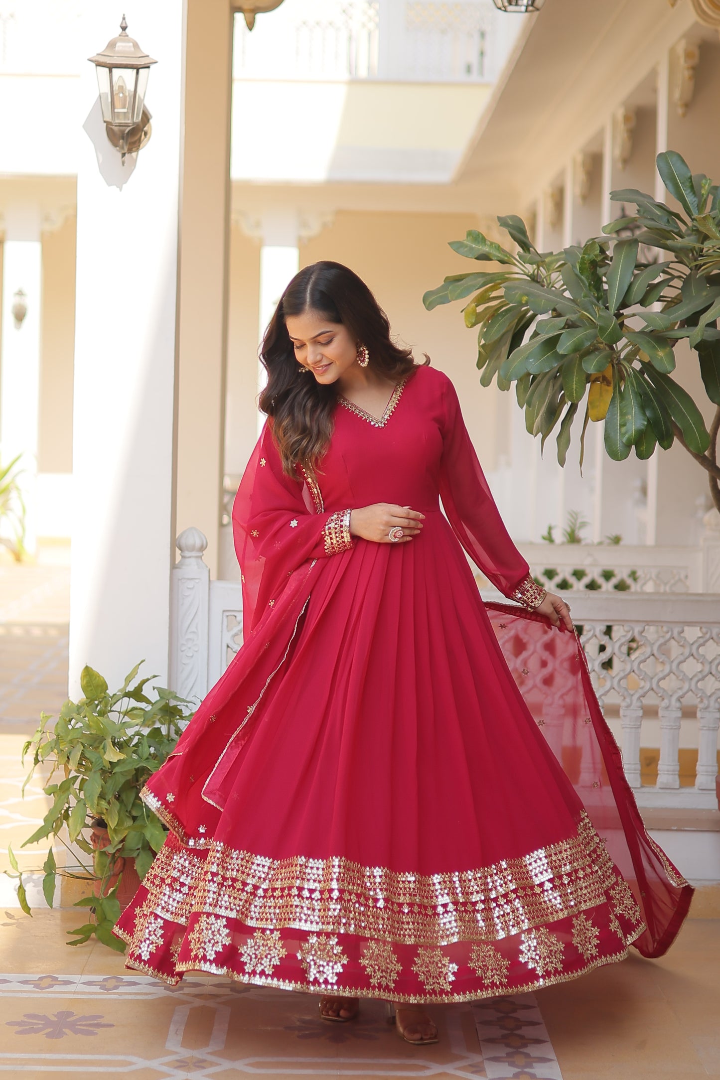 Faux Blooming Embroidered Gown with Dupatta – Sequins Work & V-Neck Design