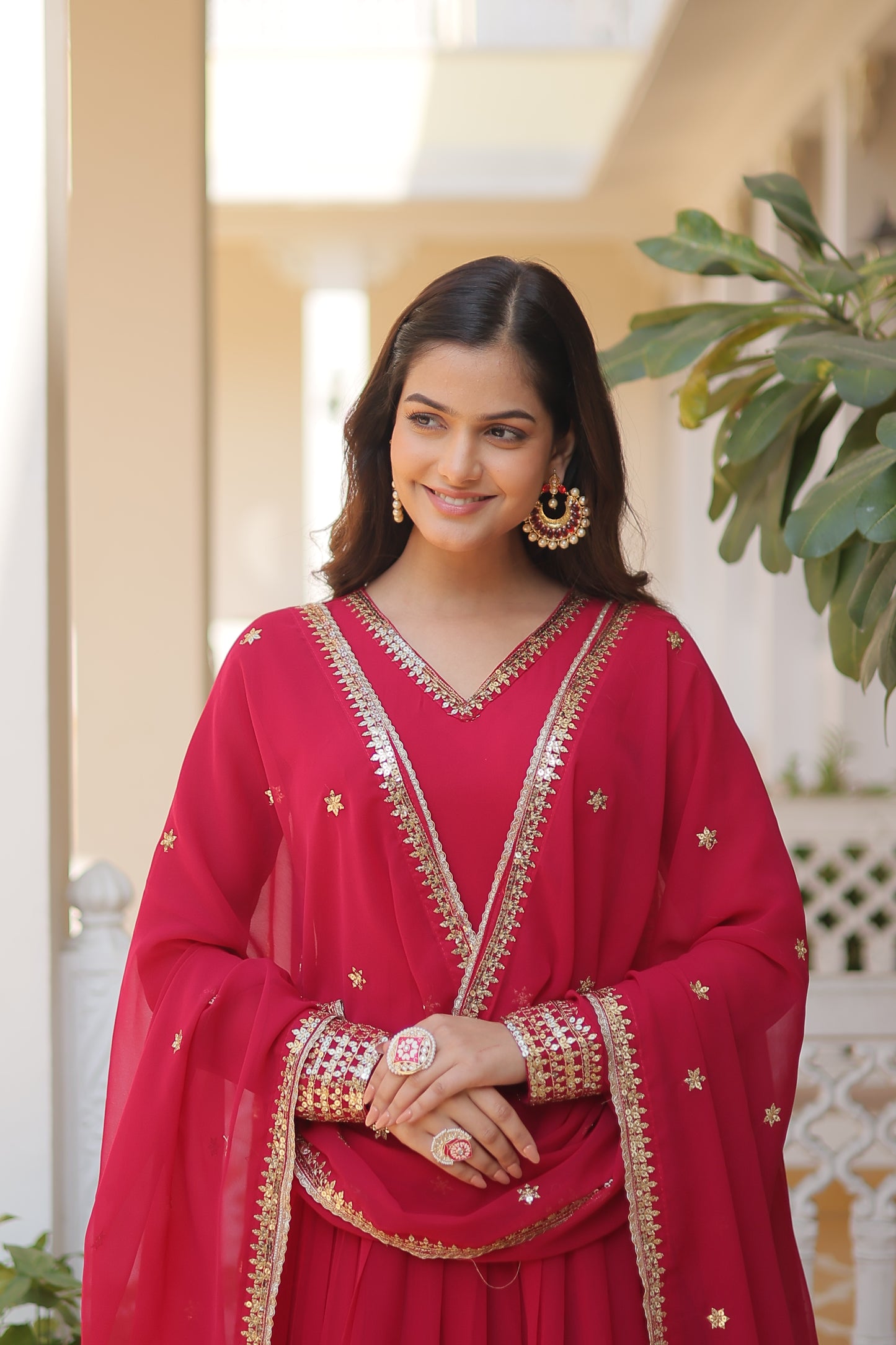 Faux Blooming Embroidered Gown with Dupatta – Sequins Work & V-Neck Design