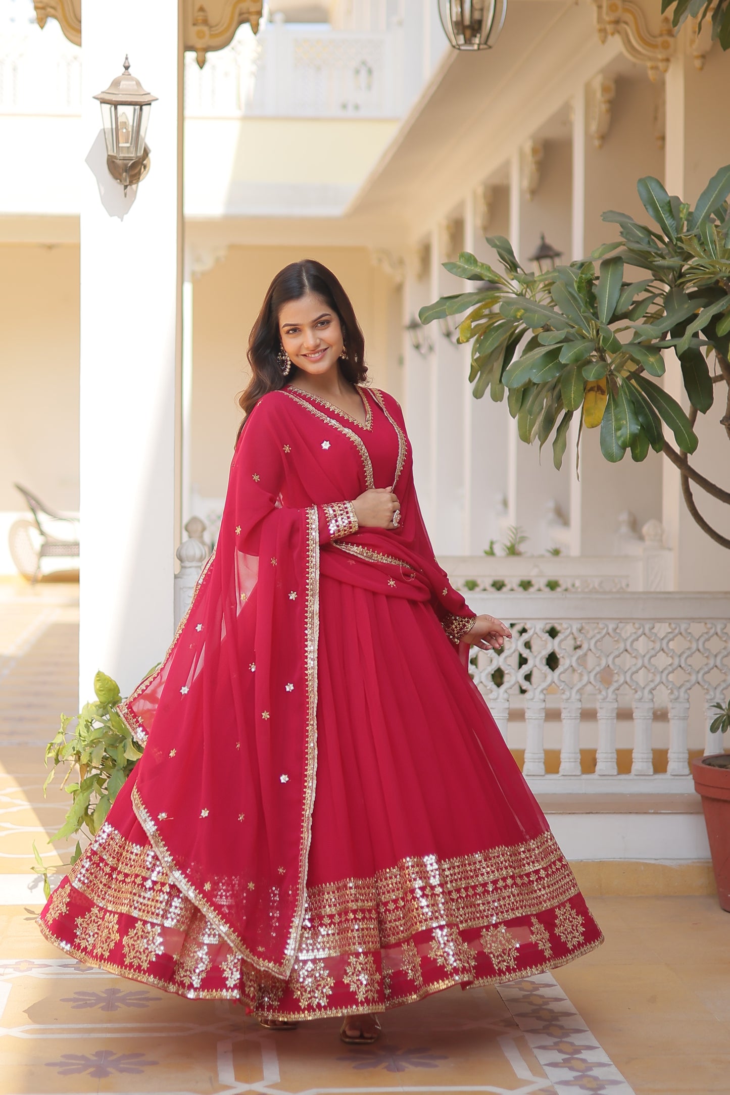 Faux Blooming Embroidered Gown with Dupatta – Sequins Work & V-Neck Design